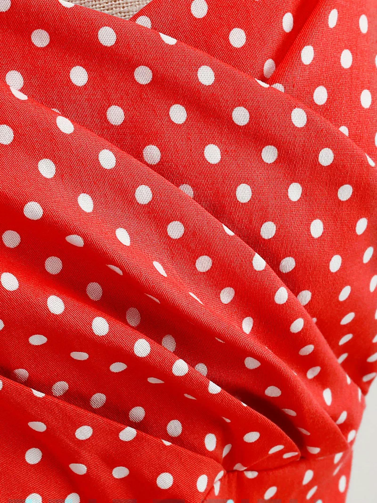 Abito da Donna a Vita Alta a Pois Nuovo Stile Abito in Cotone con Scollo all'Americana e Tasca Posteriore con Allacciatura-Bianco-XL