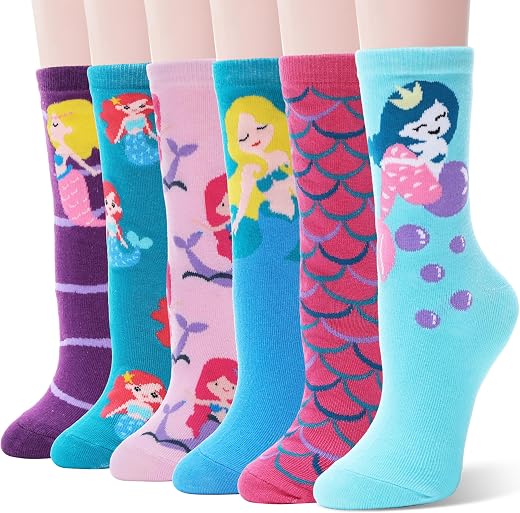 Girls Cotton Socks Cute Unicorn Pattern Soft Novelty Socks For Kid Child 6 Pack (Mermaid-K, 5-8 Y)