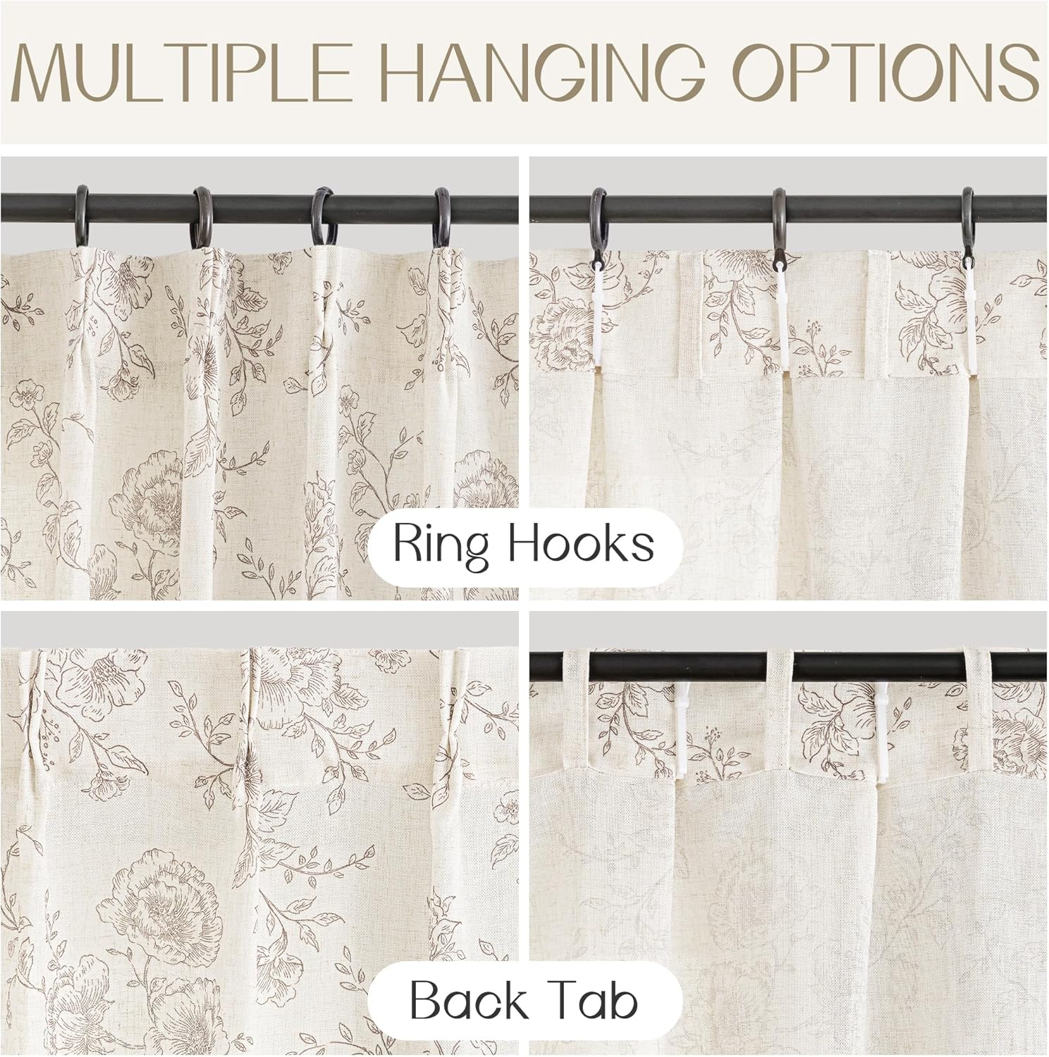 Meikelor Coffee Pinch Pleated Floral Curtains 84 inch Long for Living Room 70" W x 84" L Coffee Floral Pattern Pinch Pleated 70"W x 84"L (Pack of 1)