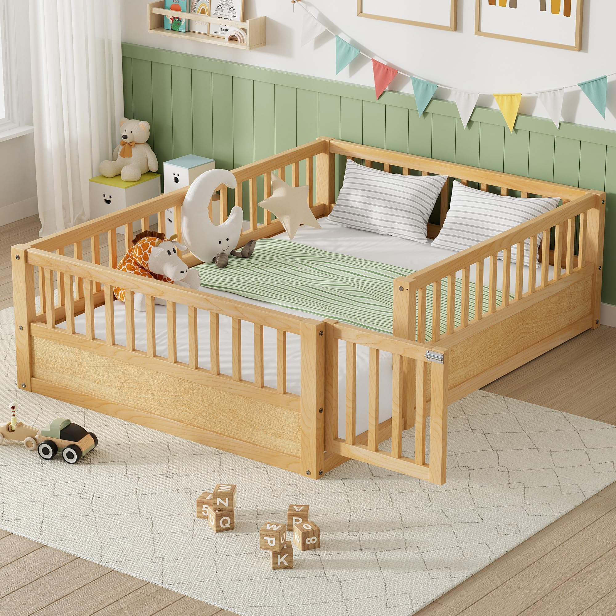 PVWIIK Full Size Floor Bed with Convertible Door & Wood Slats Support for Girls & Boys,Wood Montessori Bed Frame w/Guardrails & Close to the Floor for Kids,Natural
