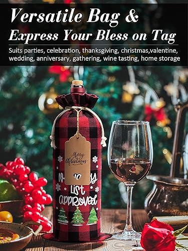 Miniatura 5 de Bolsas de vino de arpillera, bolsas de regalo de vino de Navidad, 10 bolsas para botellas de vino a cuadros de búfalo con cordón, etiqueta y cuerda,
