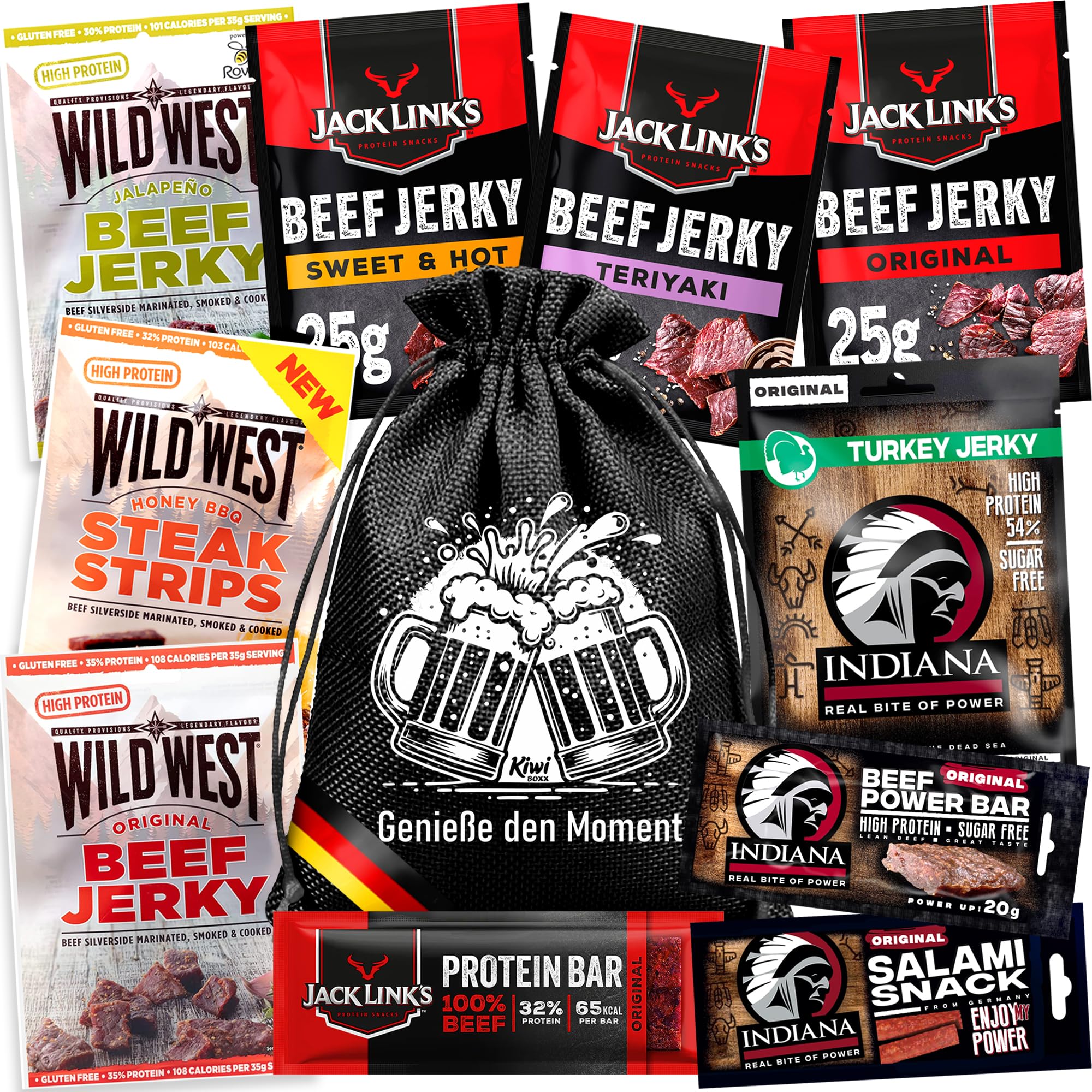Bier Geschenke für Männer - Geschenkset mit Beef Jerky im Jutebeutel, Präsentkorb