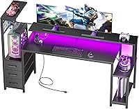 Vista 8 de Escritorio para juegos de 48 pulgadas con luces LED y tomas de corriente, escritorio para computadora con cajones de tela y gancho lateral, mesa
