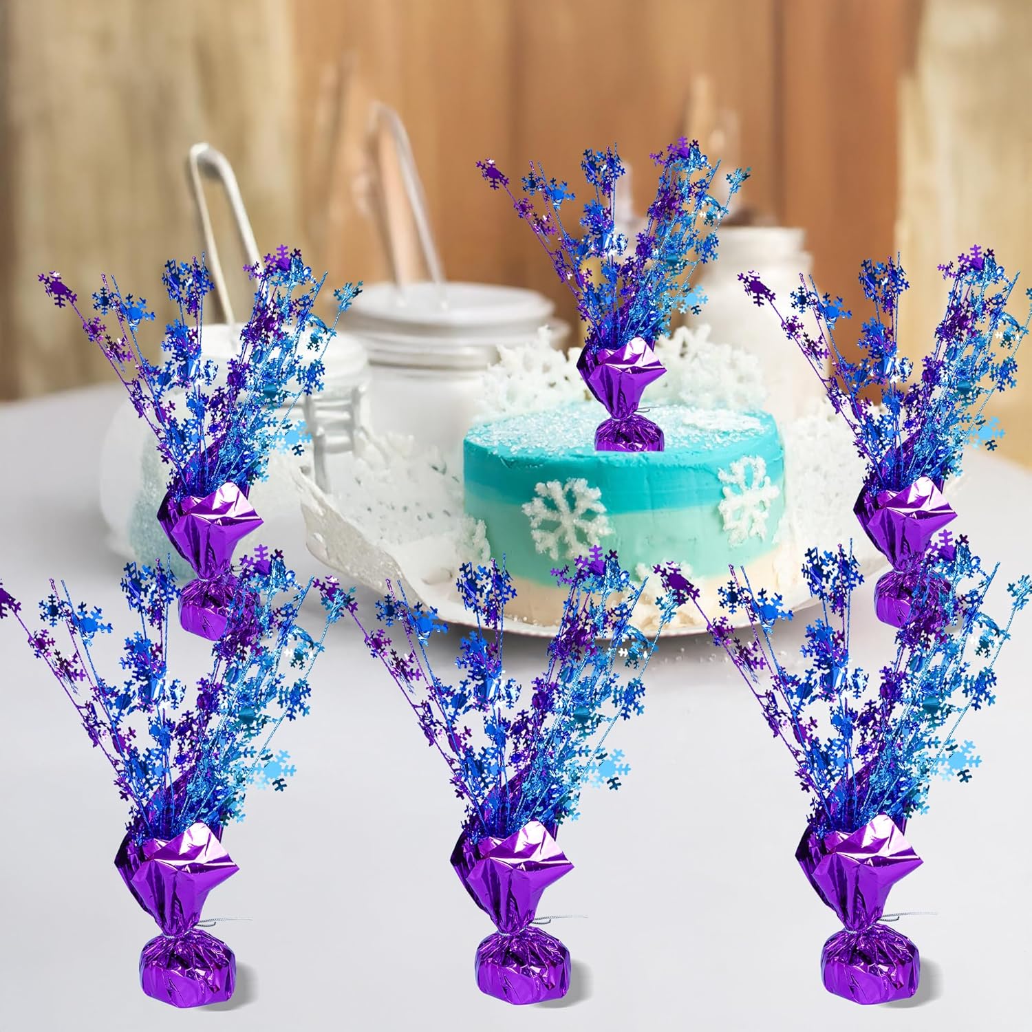 Gyufise 6 Pack Metallic Foil Spray Centerpiece Snowflake Table Decoration Burst Table Centerpieces Table Decor for Winter Wonderland Birthday Wedding Anniversary Holiday Party Supplies Multicolor