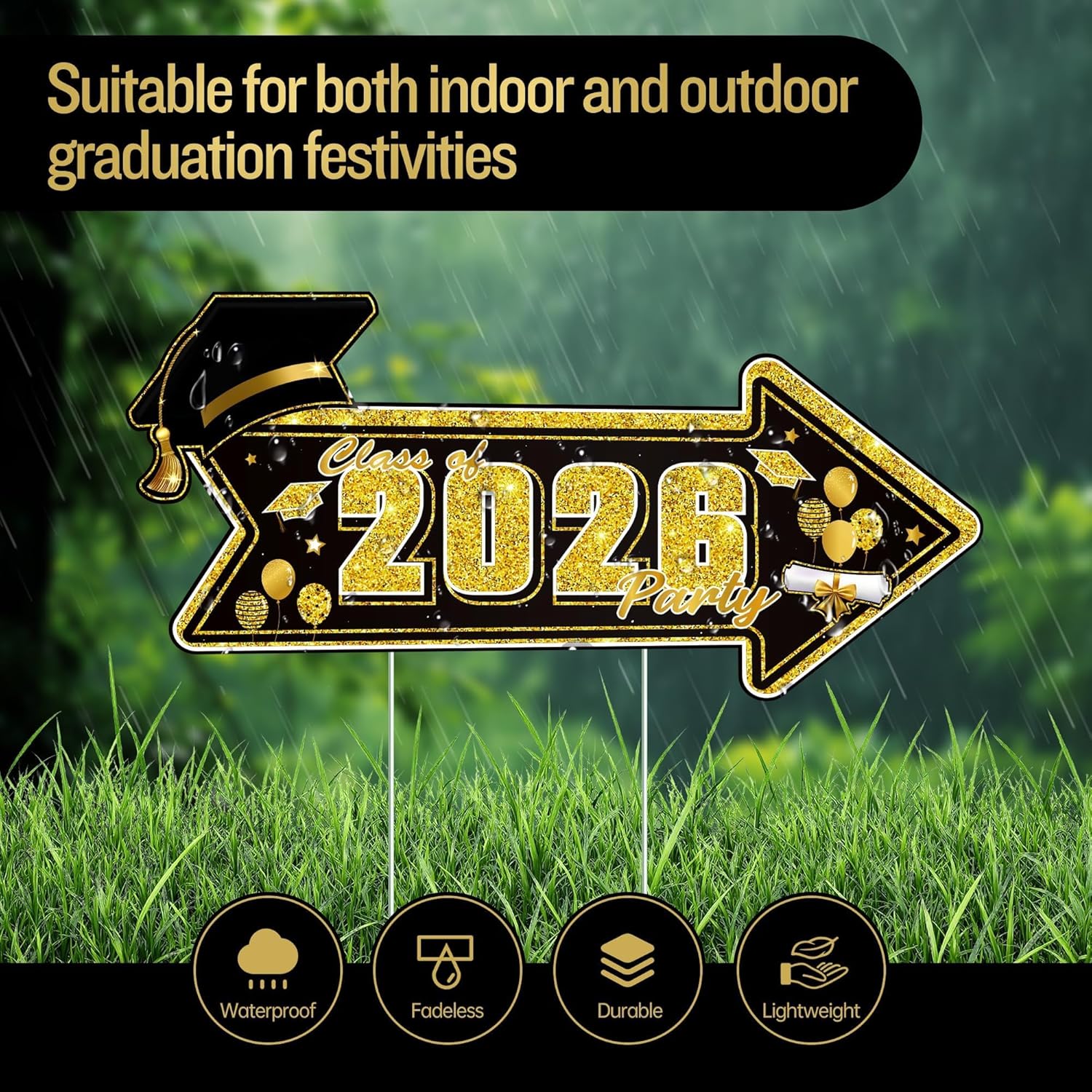 10 Pack 2026 Graduation Party This Way Yard Sign Arrow 16.5 x 8 Inch Black Gold Double Sided Printed Directional Yard Sign with Stakes Graduate Party Sign for Outdoor Graduation Party Supply
