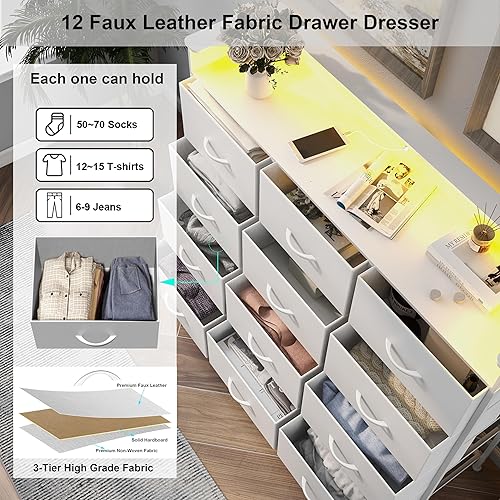 Miniatura 6 de Cómoda Blanca con Luces LED y Estación de Carga para Dormitorio, 12 Cajones, Cómodas y Cajoneras, Cómodas Altas para Pasillo, Entrada, Closets, Sala