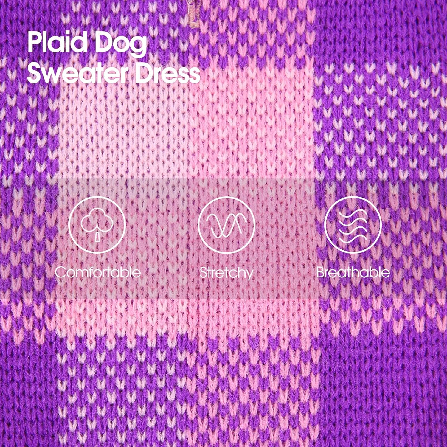 Dog Sweater Dress Plaid Knitwear for Small Medium Dogs Warm Puppy Pet Turtleneck Stretch Pullover Cute Fall Winter Vest Clothes with Leash Hole for Christmas (Purple, XL)