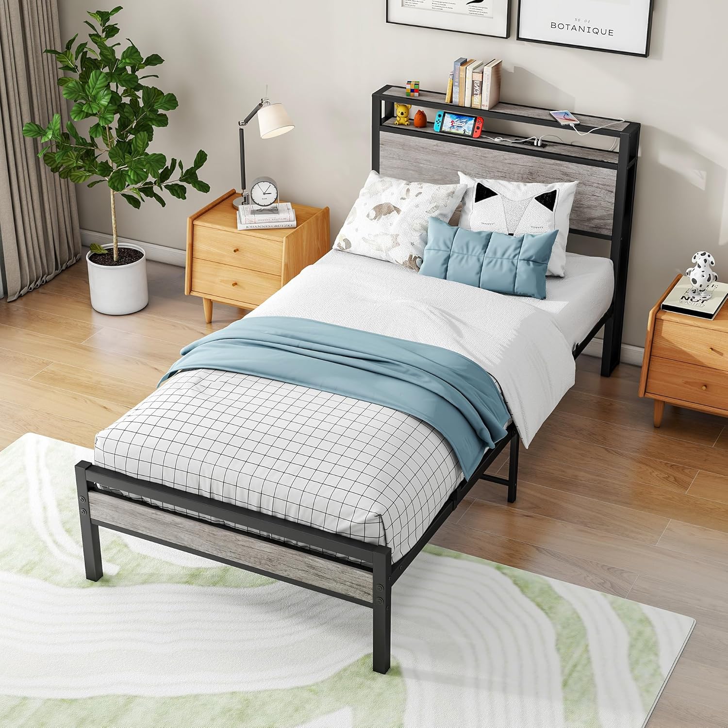 BOFENG Twin Bed Frame with Wood Storage Headboard/USB Charging Station,Heavy Duty Metal Single Platform Bed Frames No Box Spring Needed,Heavy Duty Metal Slats,Noise Free,Greige