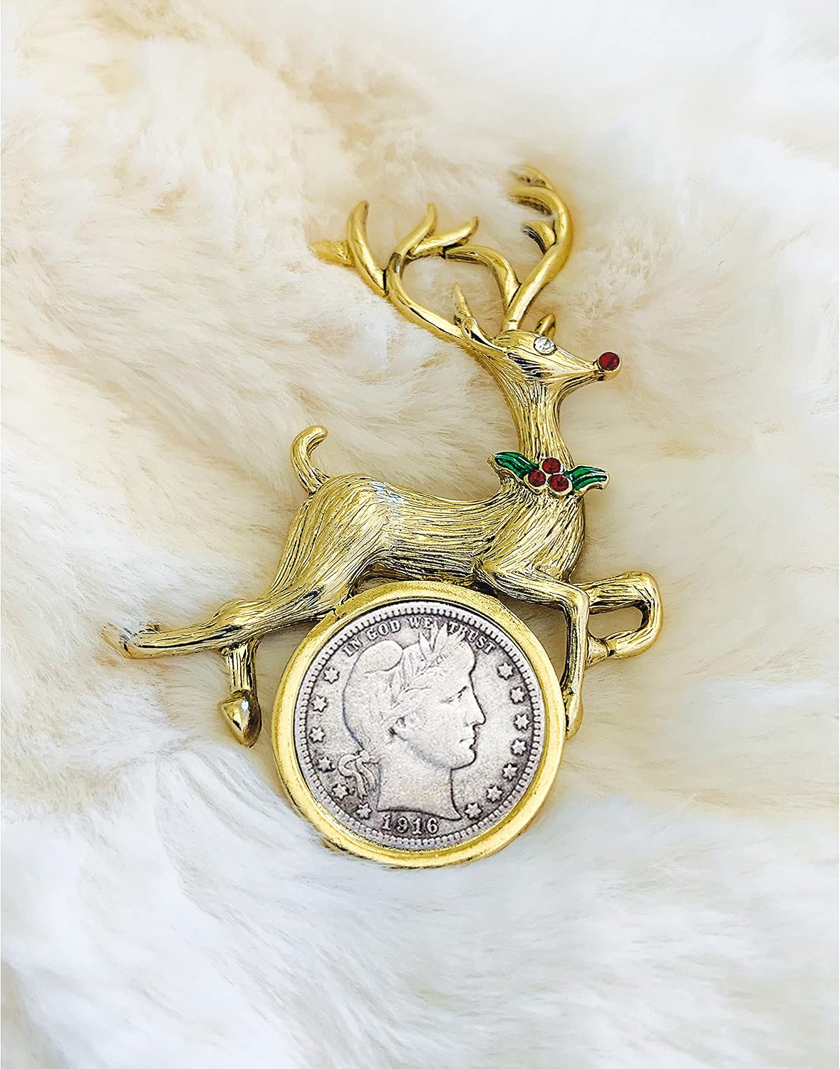 Coin Holiday Reindeer Goldtone Brooch | Barber Dime | Pin Safety Closure | Certificate of Authenticity