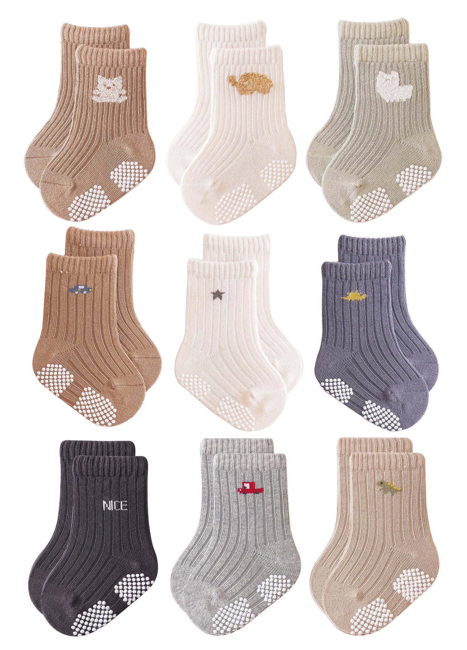 Baby Grip Socks Non Slip Grips Girls Boys Ankle Crew Newborn Infant Toddler Kids Casual Anti Skid Socks (US, Age, 6 Months, 12 Months, 9 Pairs - Black Grey Brown)