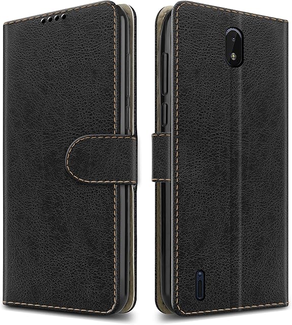 PIXFAB For Nokia C01 Plus Leather Phone Case, Magnetic Closure Full Protection Book Folio Design, Wallet Case Cover [Card Slots] and [Kickstand] For Nokia C01 Plus (5.45") - Black