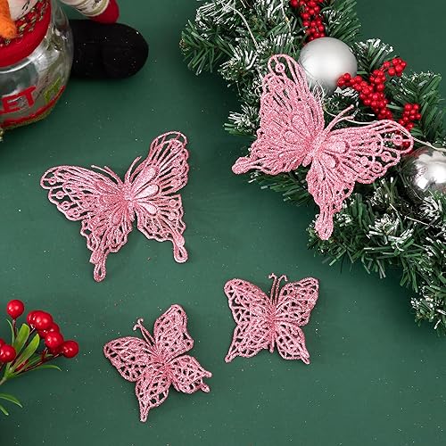 Miniatura 5 de 16 decoraciones de mariposa para árbol de Navidad de 2 tamaños, adornos de mariposa hueca con purpurina para árbol de Navidad y manualidades