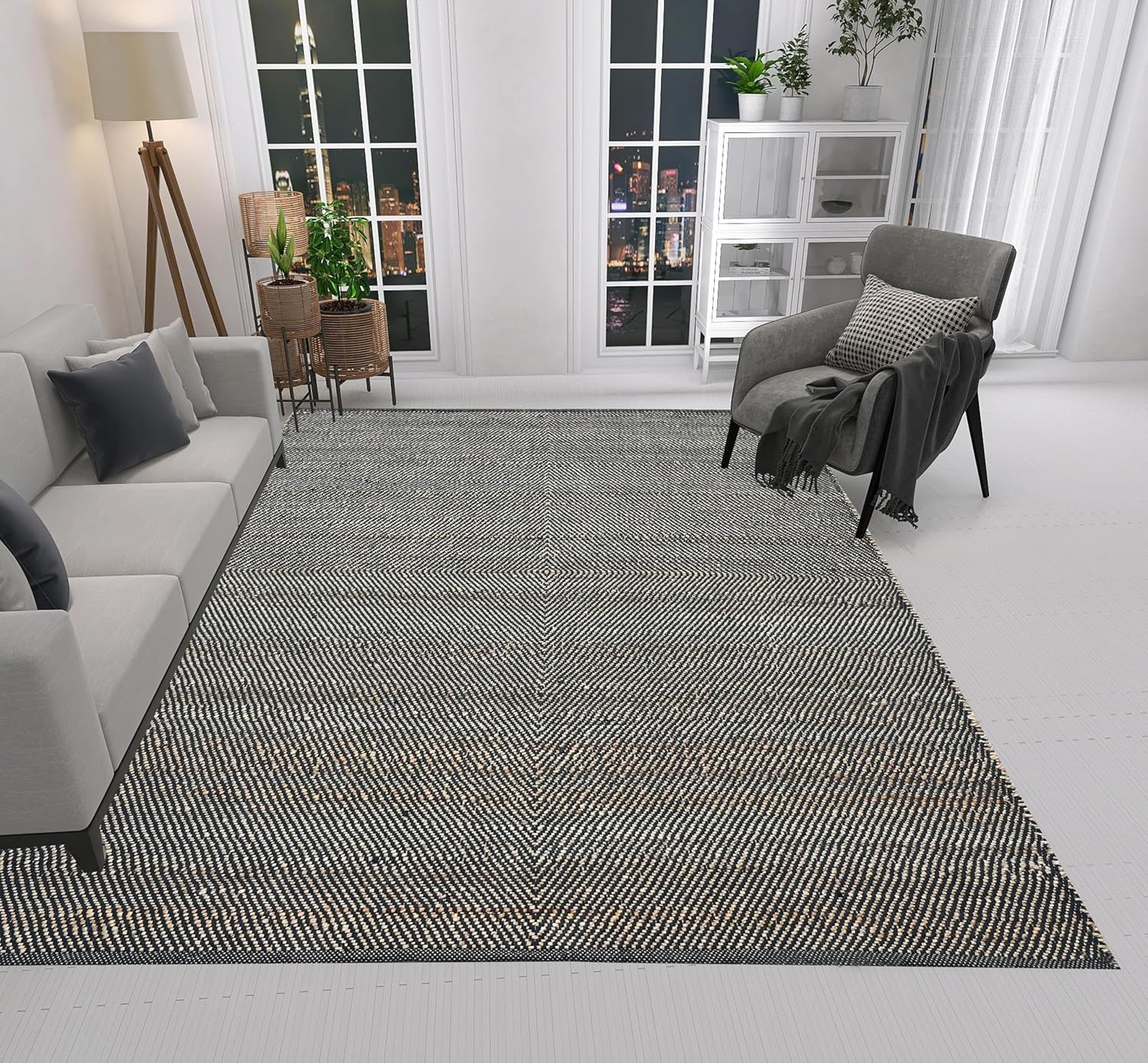 Jute Area Rug, Diamond Design, Natural Base with Colored Threads, Multiple Sizes and Colors (Charcoal Black, 3' X 5')