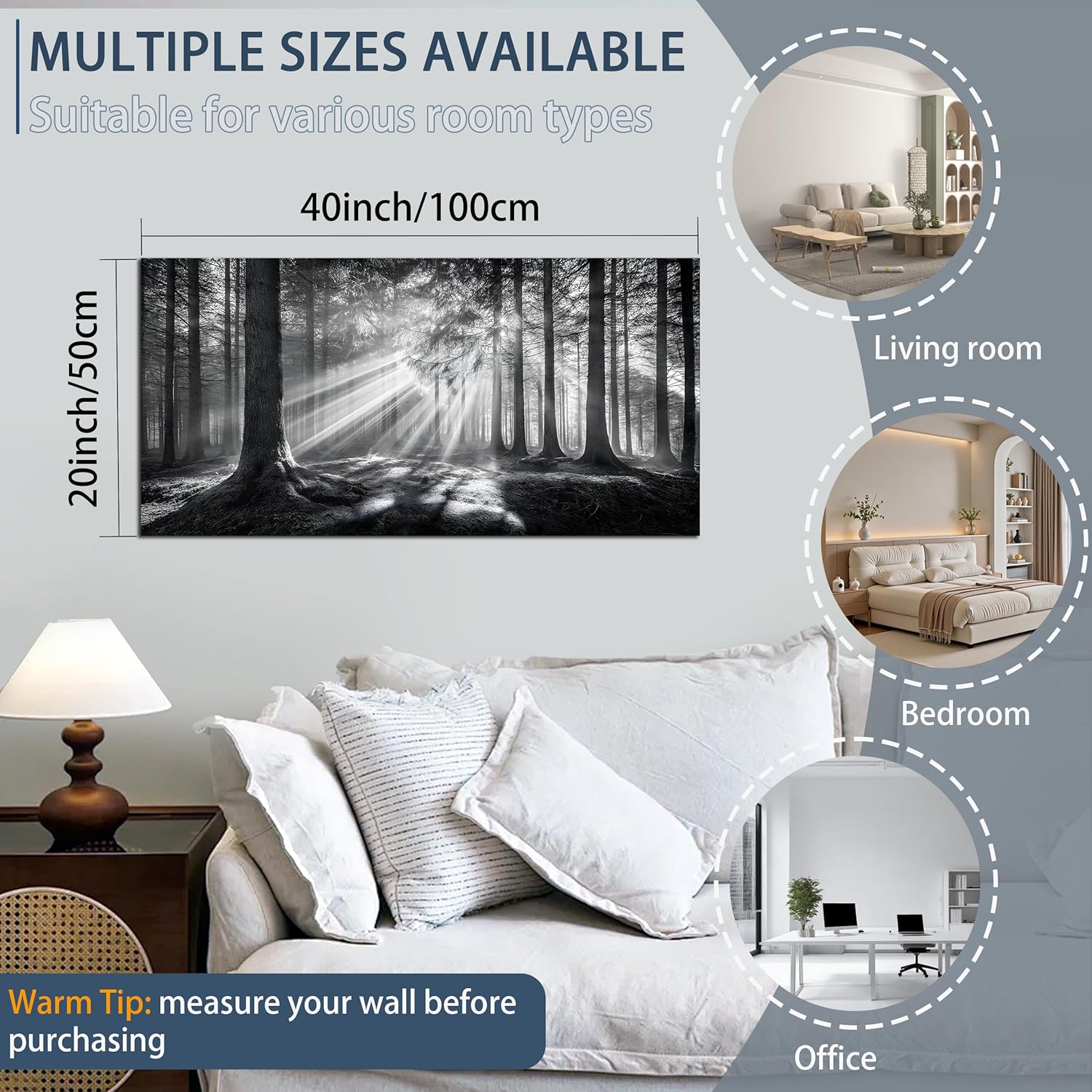 Trogonup Black and White Misty Forest Wall Art for Living Room Trees Large Nature Canvas Artwork for Bedroom Office Home Decor Ready to Hang 20"x40"