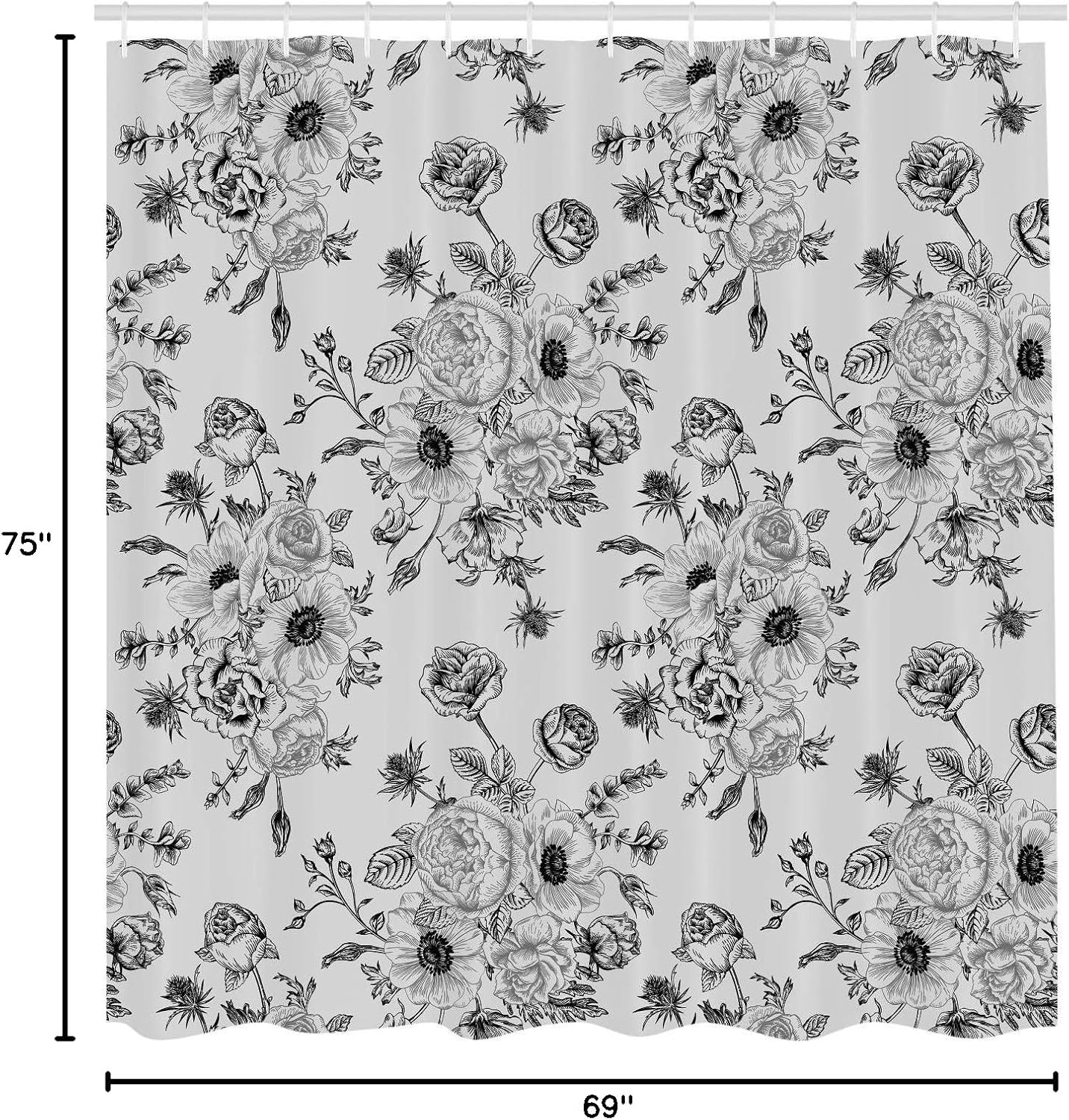 Ambesonne Floral Shower Curtain, Romantic Rose Flower Bouquet Blooms Blossoms Botanical Rococo Design, Cloth Fabric Bathroom Decor Set with Hooks, 75" Long, Dark Sea