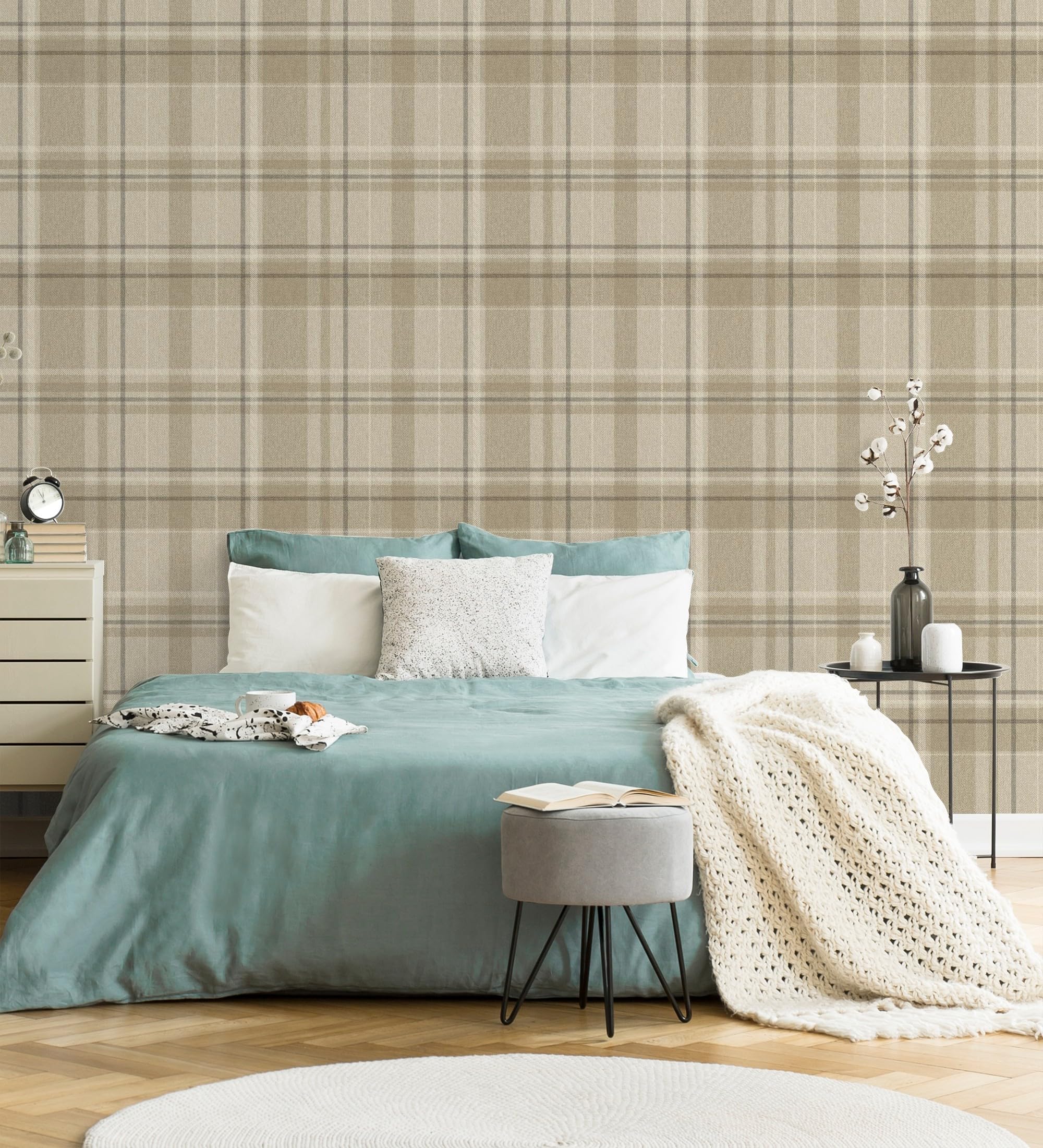GAULAN 683559 - Papel pintado de cuadros escoceses fondo efecto textil de espiga en tonos beige para pared salón dormitorio pasillo comedor - Rollo de 10 m x 0,53 m