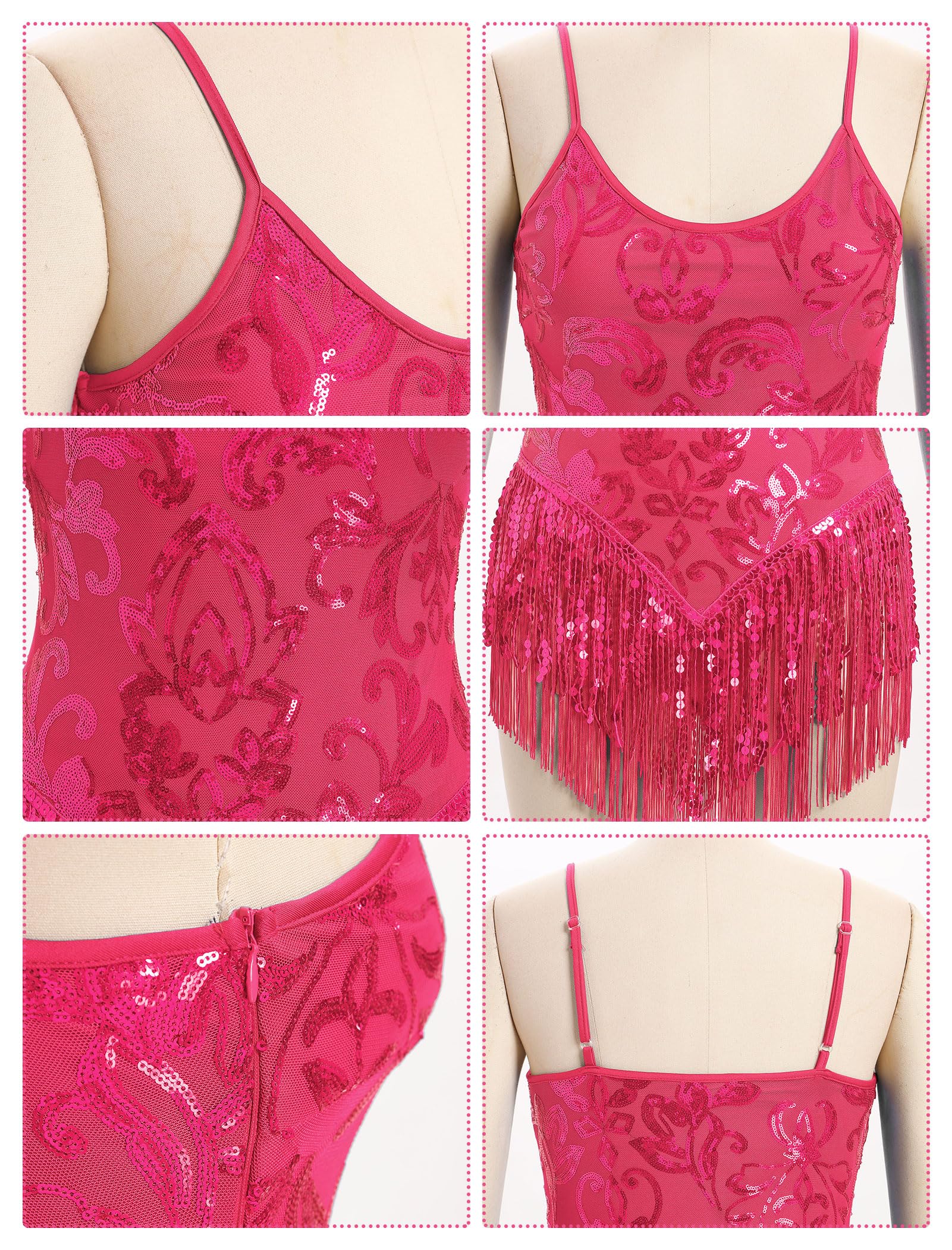 IBAKOM Women Sexy Sequins Fringe Bodysuit Sparkly Tassel Latin Jazz Dance Acrobat Costume Adult Trapeze Artist Rave Outfits: Hot Pink Small