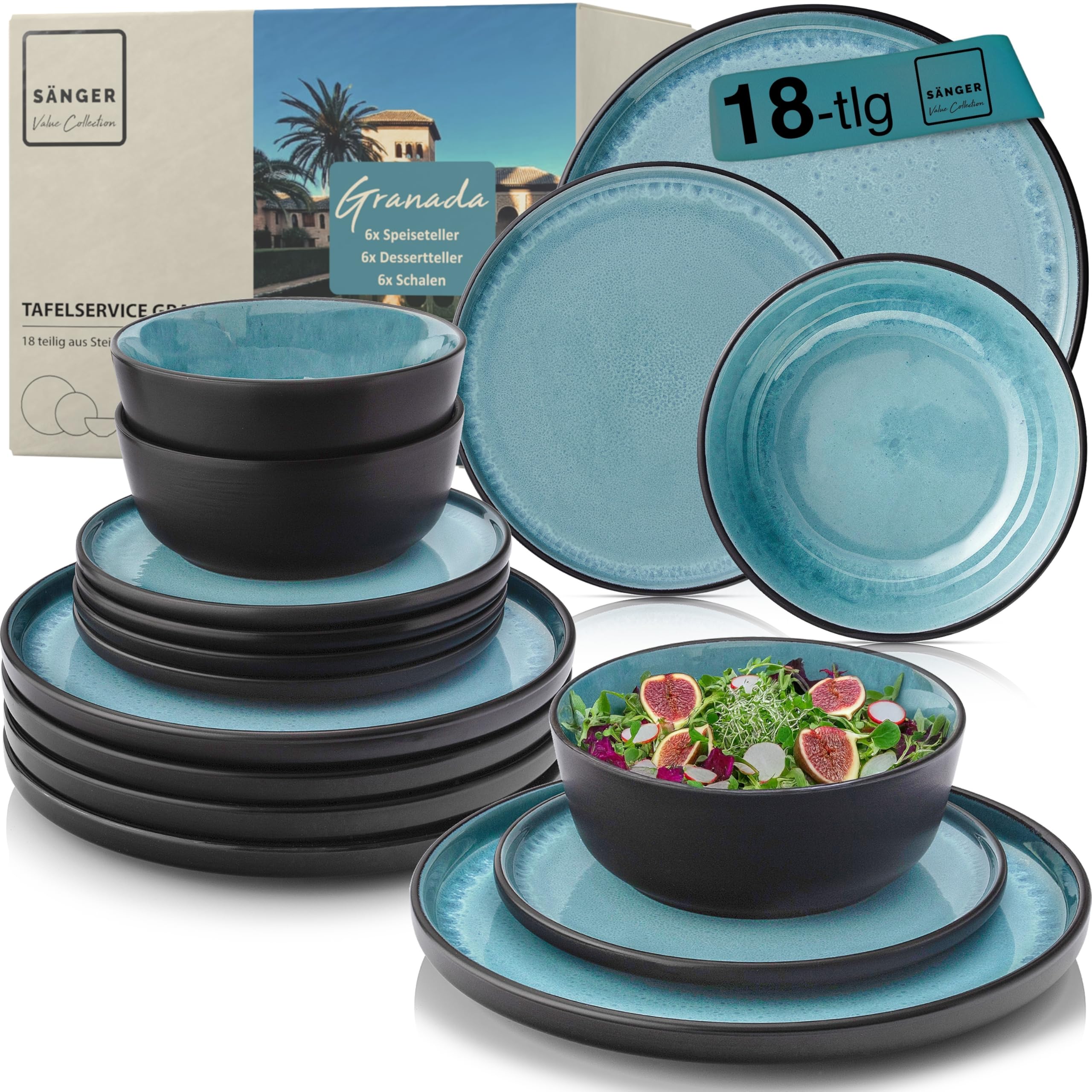 SÄNGER Granada | Steingut Geschirr Set 18 tlg, Teller Set 6 Personen, Geschirrset 6x Speiseteller 6x Müslischalen 6x Dessertteller, Tafelservice blau mit schwarzem Rand kratzfest | VALUE COLLECTION