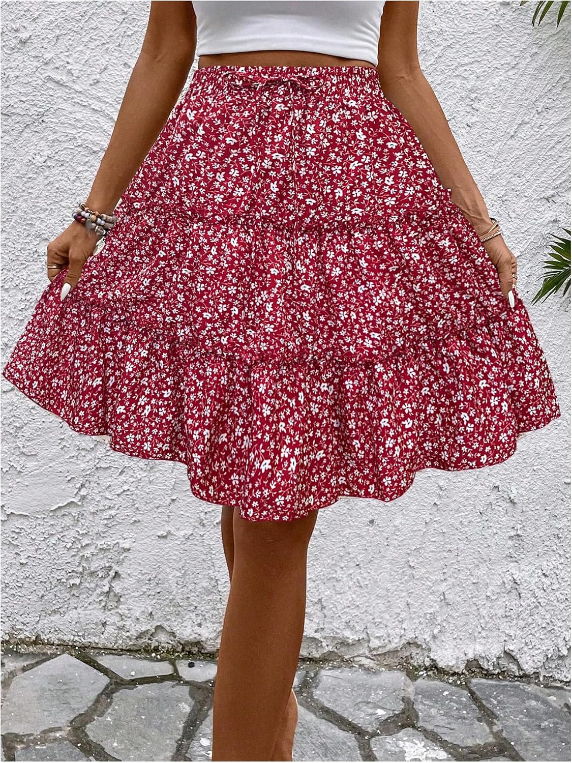 WDIRARA Women's Floral Print Ruffle Hem Elastic High Waist Tie Front Skirt