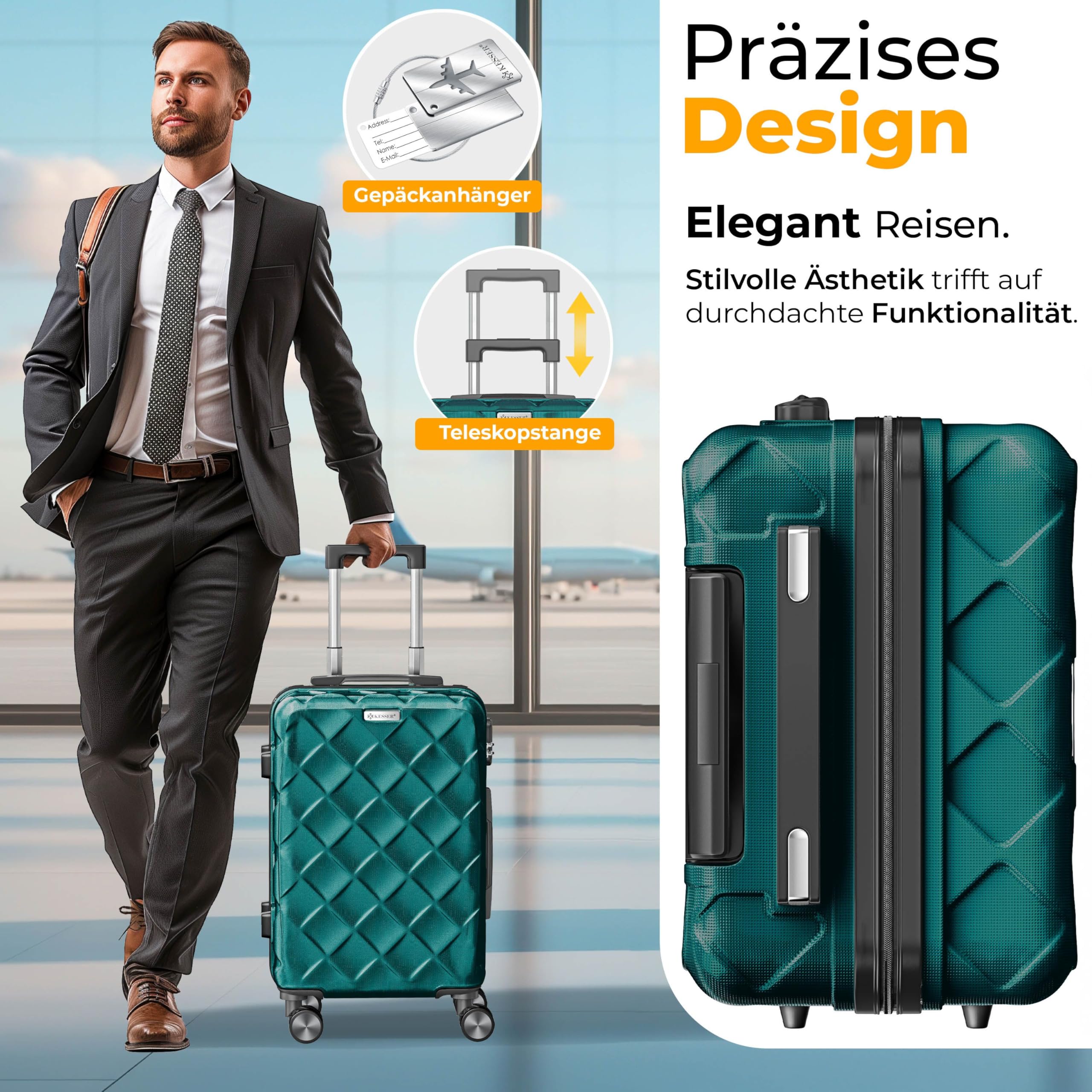 KESSER Valigia da viaggio in ABS rigida con serratura a combinazione, bilancia e portafoglio da viaggio con ruote a 360°, valigetta per business e viaggio, Petrol Teal, 75cm - 120L, Classico