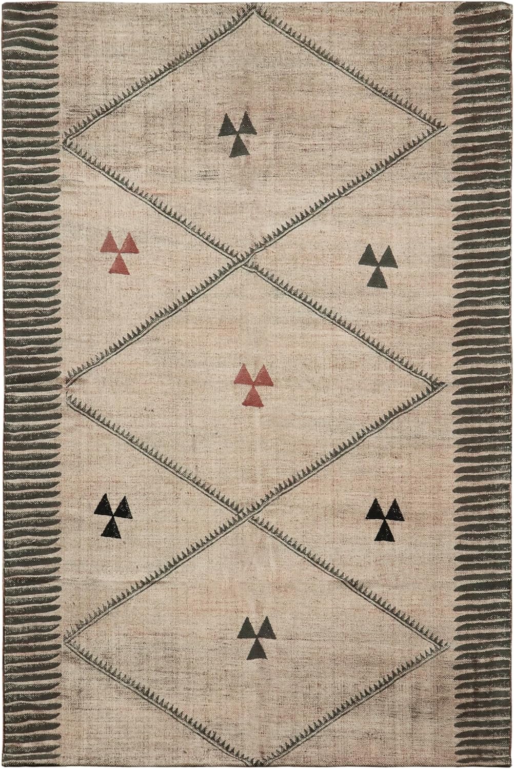 Kilim Area Rug 4′ Square Beige Black Moroccan Design Handmade Boho 0.19″ Thick Hand Surface Wash Hand Block Printed Cotton Dhurrie Indoor Outdoor Use Flatweave Rugs for Kitchen,Balcony,Yoga Mat