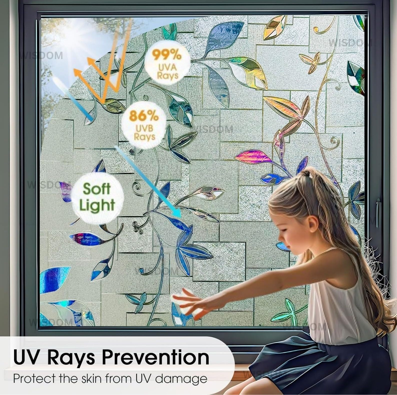 WISDOM Premium Frosted Glass Window Film Self Adhesive Decorative Glass Window Privacy Sheet Film UV Control Removable Vinyl Privacy Film (Rainbow Leaves, 12x100 Inch)