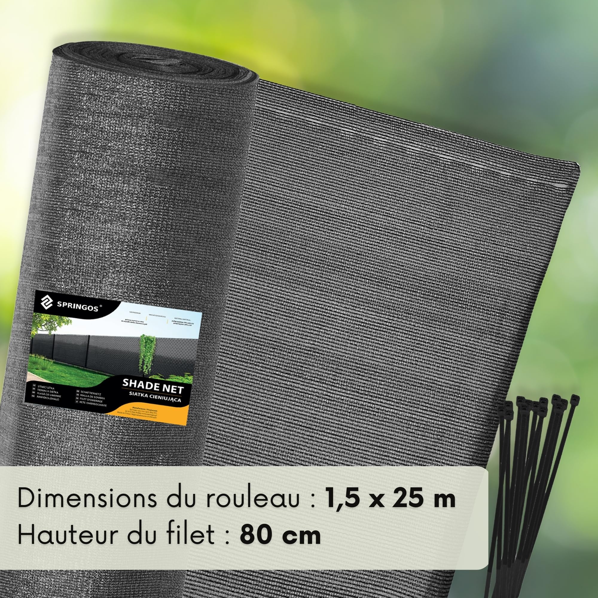 Filet d'ombrage, 1,5 x 25 m, 95 % de protection UV et serre-câbles, filet brise-vue, haute densité et bords renforcés, pour clôture de jardin, balcon, terrasse, protection solaire SPRINGOS