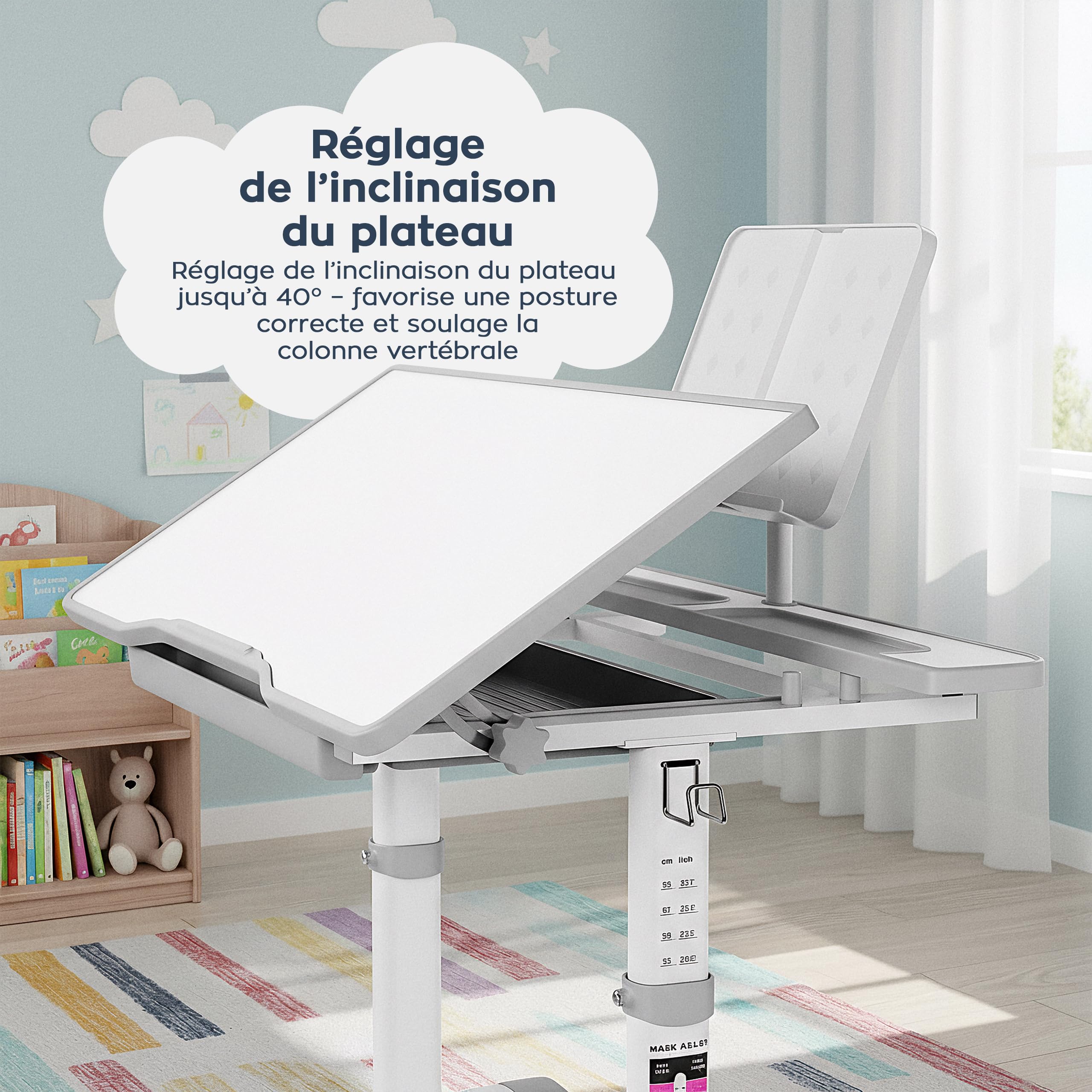 MARK ADLER Study 3.0 Bureau Ergonomique pour Enfants | Hauteur Réglable | Plateau inclinable | Tiroir de Rangement | Conception Robuste | Parfait pour étudier et Dessiner | Mobilier éducatif | Gris