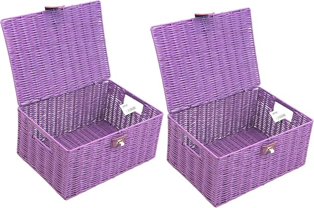 2 x Arpan Resin Woven Storage Hamper Basket Box with Lid & Lock (Purple - Medium)