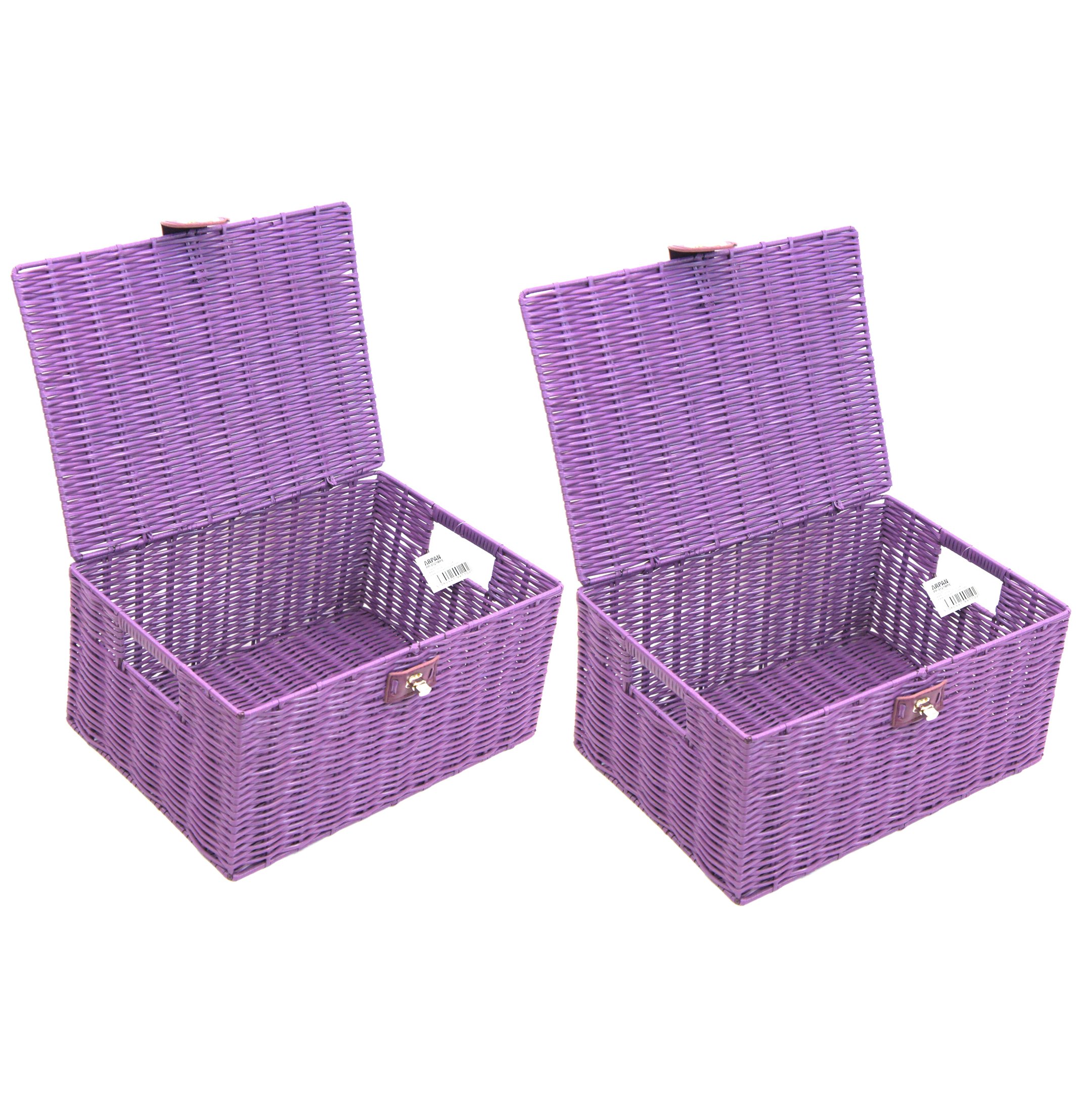 2 x Arpan Resin Woven Storage Hamper Basket Box With Lid & Lock (Purple - Medium)