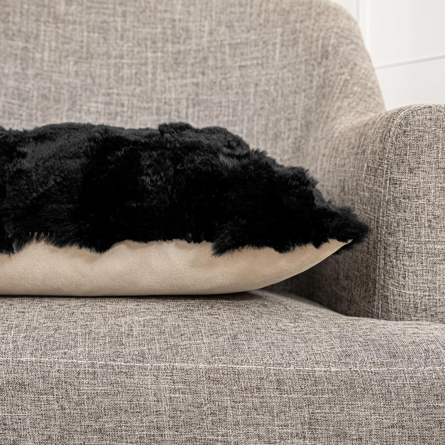 Rex Rabbit Fur Throw Pillow Covers Soft Decorative Fluffy Luxury Animal Skin Fur Lumbar Pillow Cushion Cover Case with Hidden Zipper for Sofa, Bedroom, Living Room Home Black, 20x20 Inch
