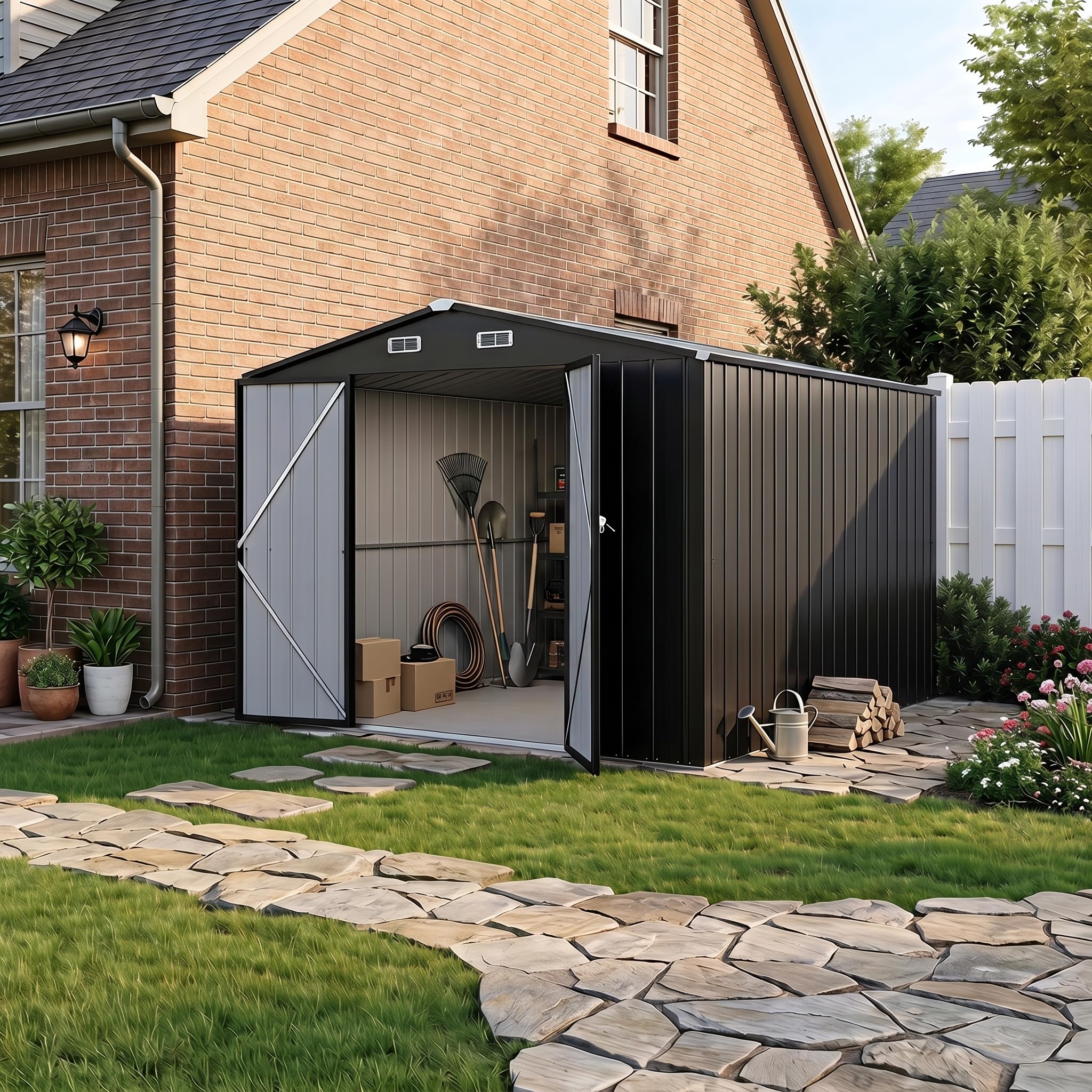 LAUSAINT HOME 10 x 12 FT Outdoor Storage Shed, Heavy Duty Galvanized Steel Storage Shed with Double Lockable Doors, Gable Roof & Air Vent for Backyard & Patio, Black
