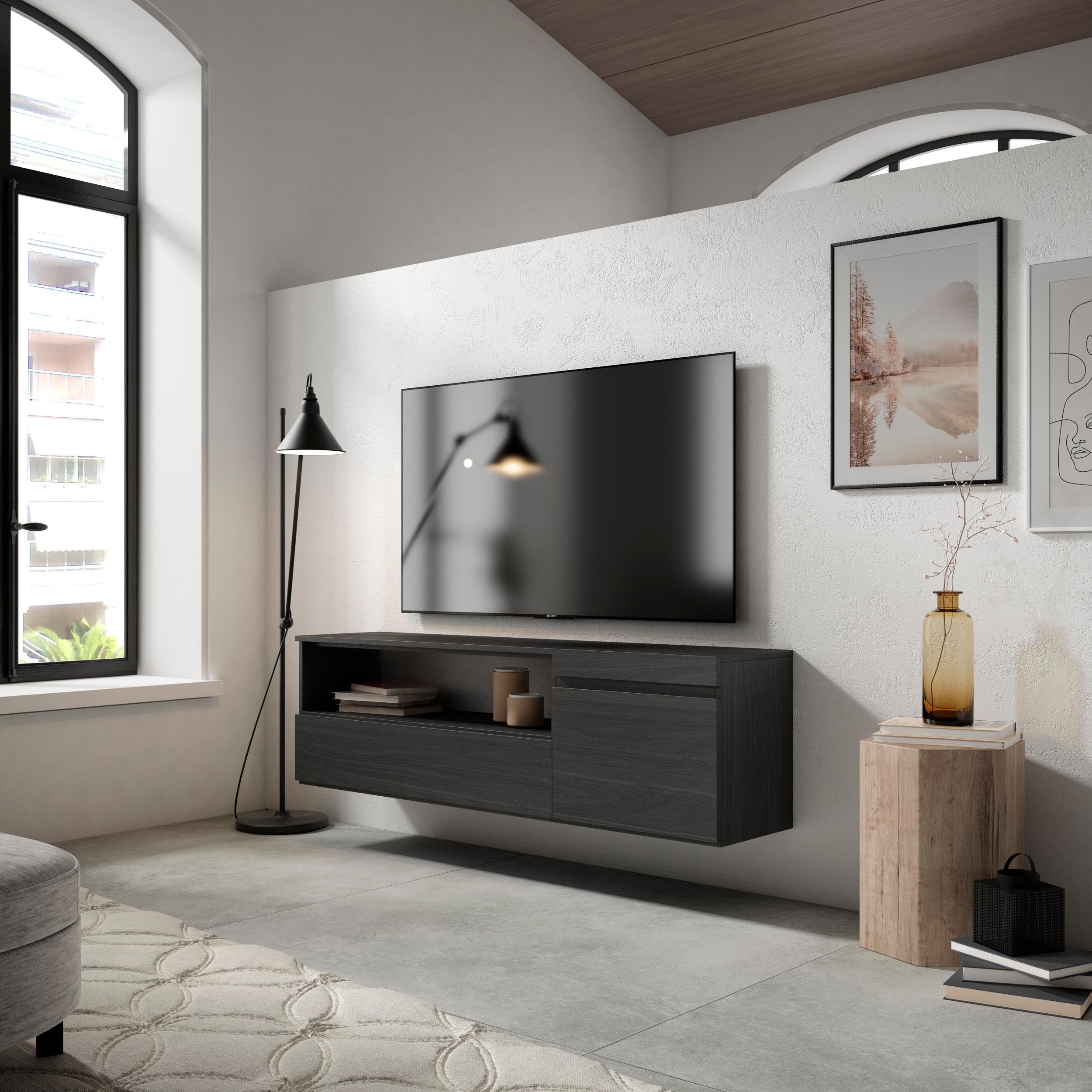 Skraut Home | Mobile TV Soggiorno | Ampio spazio a disposizione | 150x45x35cm | Per TV fino a 65" | Sospeso, da appendere | Stile moderno | Nero