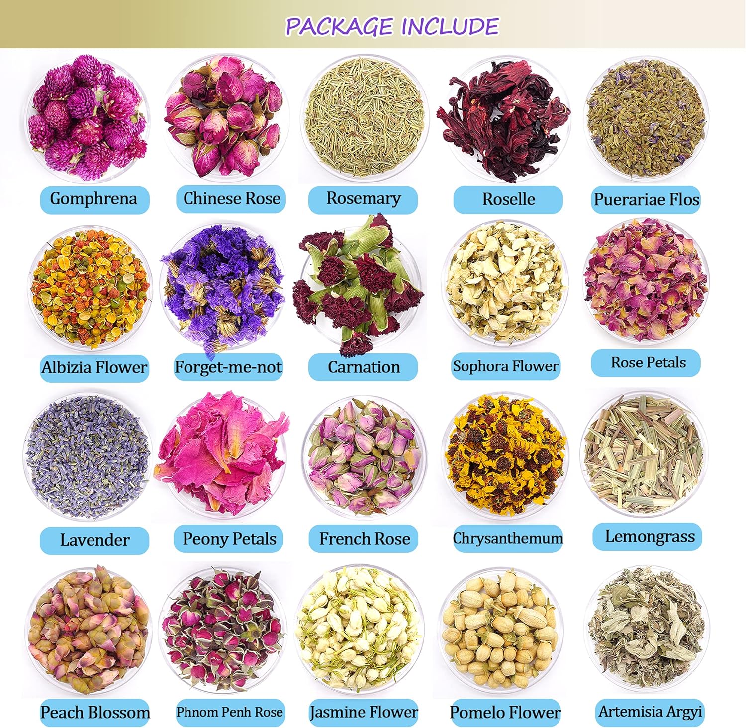 20 Packs Dried Flowers, DIY Candle Making Supplies Soap Making Kit,100% Natural Dried Flowers Herbs Kit for DIY, Bath, Resin Jewelry - Include French Rose, Chrysanthemum, Lavender, Carnation and More