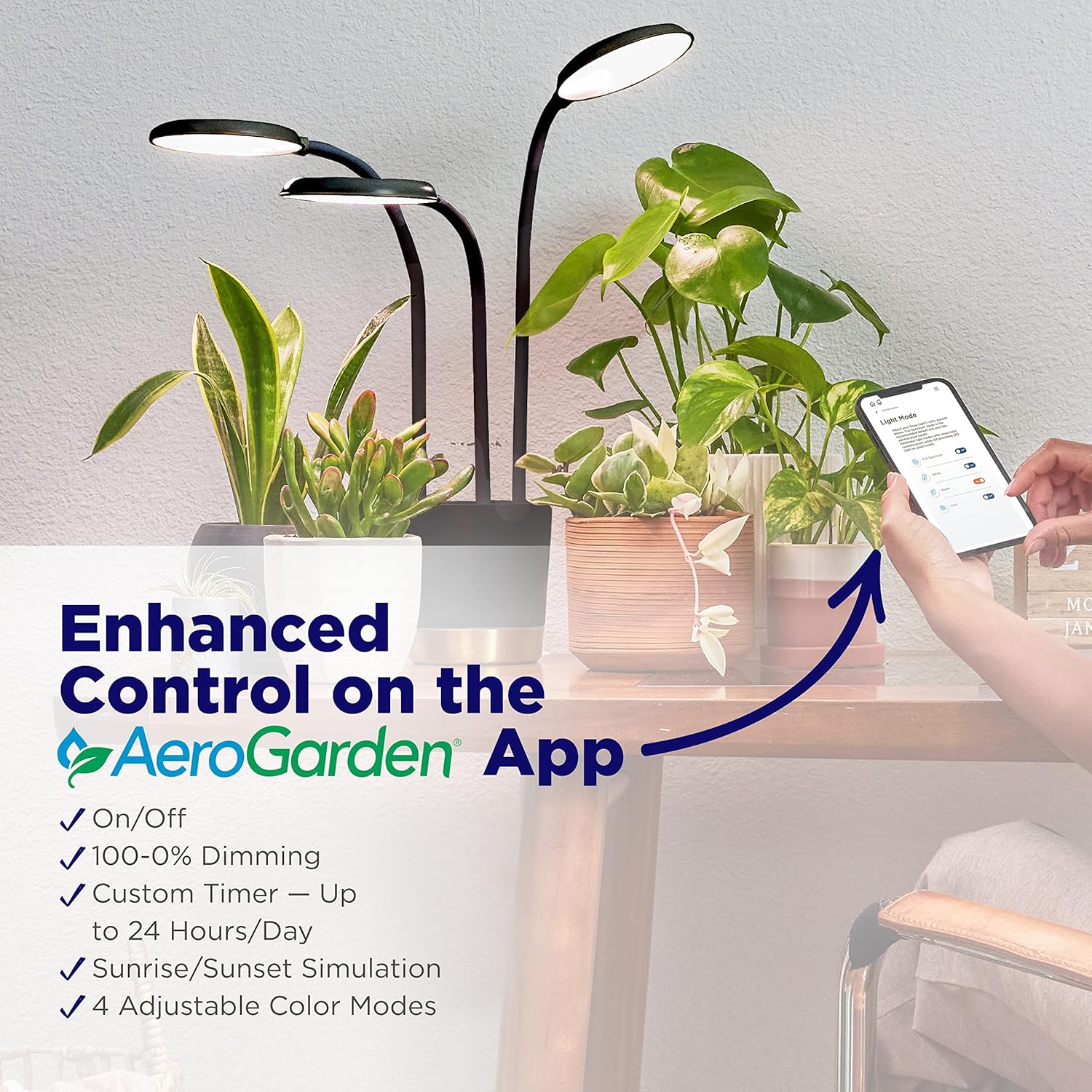 A smartphone displaying the AeroGarden app with light mode settings, showing options for full spectrum, white, warm, and cool light.
