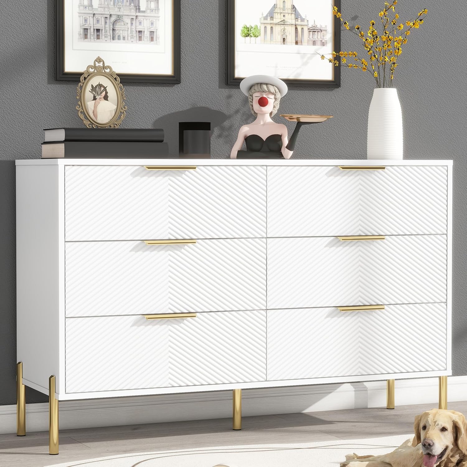 Modern 6-Drawer Dresser, Wide Wooden Chest of Drawers with Large Storage, Clothes Organizer Cabinet for Bedroom, Living Room, Hallway, Closet (White)