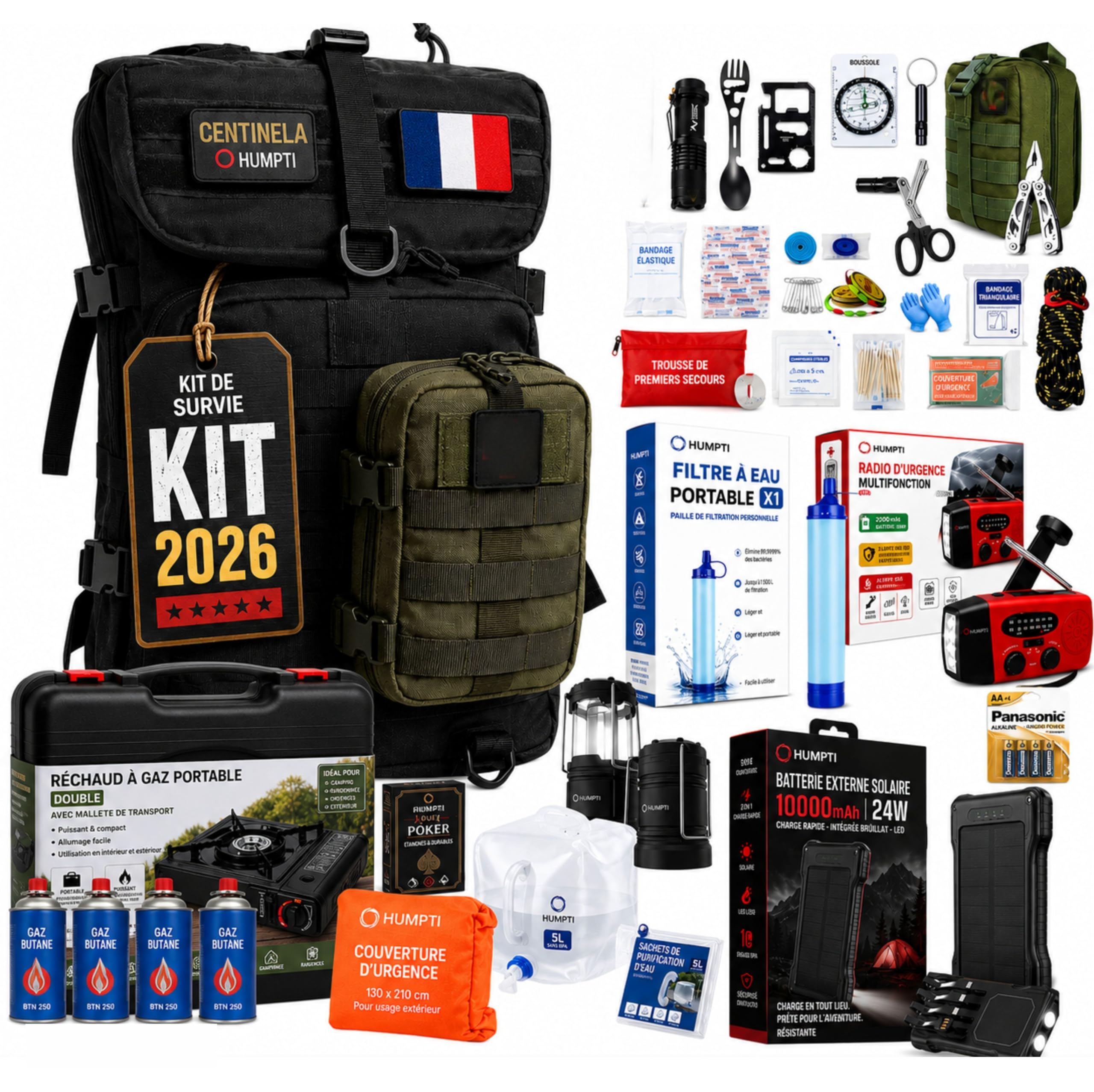 Kit de Survie Complet UE 2026, Sac à Dos de préparation d’Urgence 72 Heures, équipement Essentiel avec Radio Solaire, éclairage, paracorde et Couverture Thermique