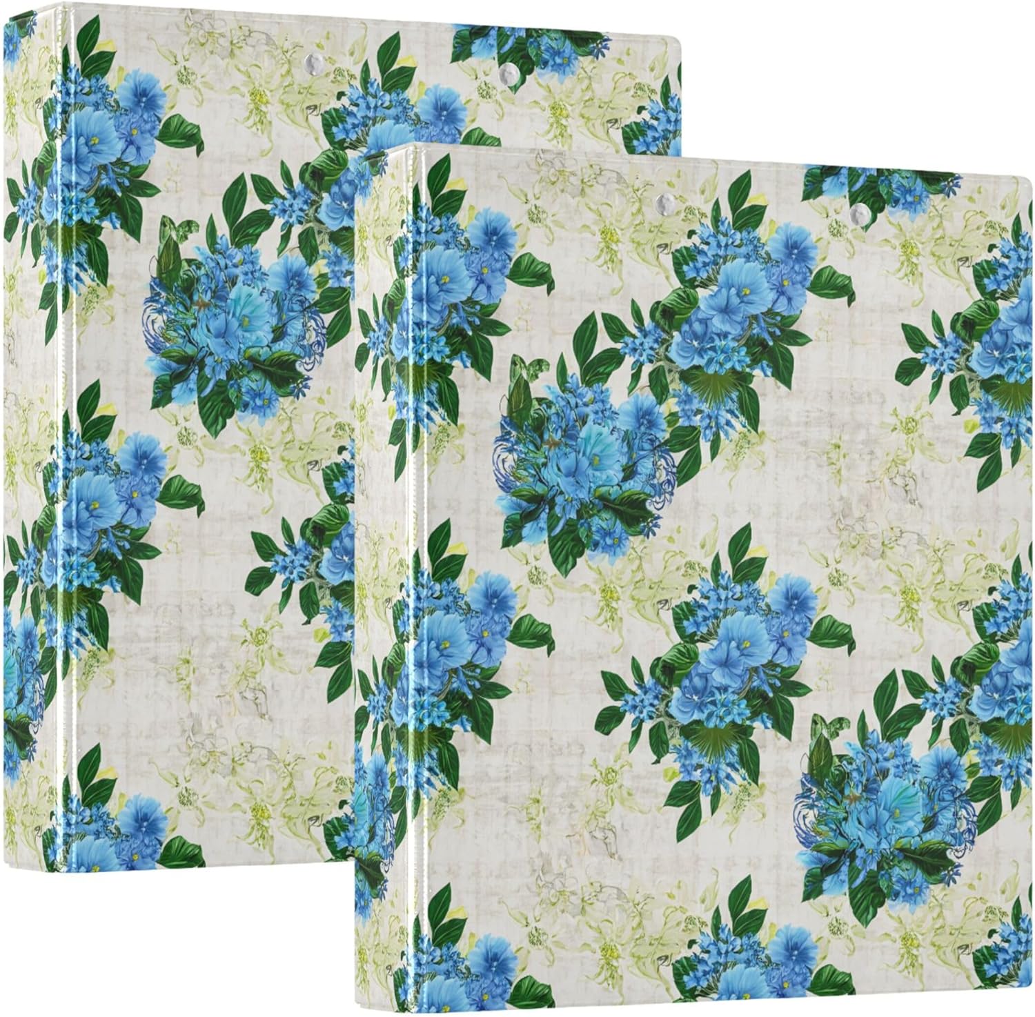 Beautiful Blue Flowers 3 Ring Binders, 1.5” Round Ring Binders with Clipboard - Letter Size, 3 Interior PVC Clear Pockets & Anti-Slip Clip for Office School Supplies, 2PCS