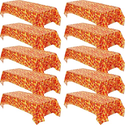 Preboun 10 Pieces Fall Plastic Tablecloth 54 x 108 Inch Thanksgiving Disposable Tablecloth Orange Table Cloth Autumn Leaf Rectangle Waterproof Table