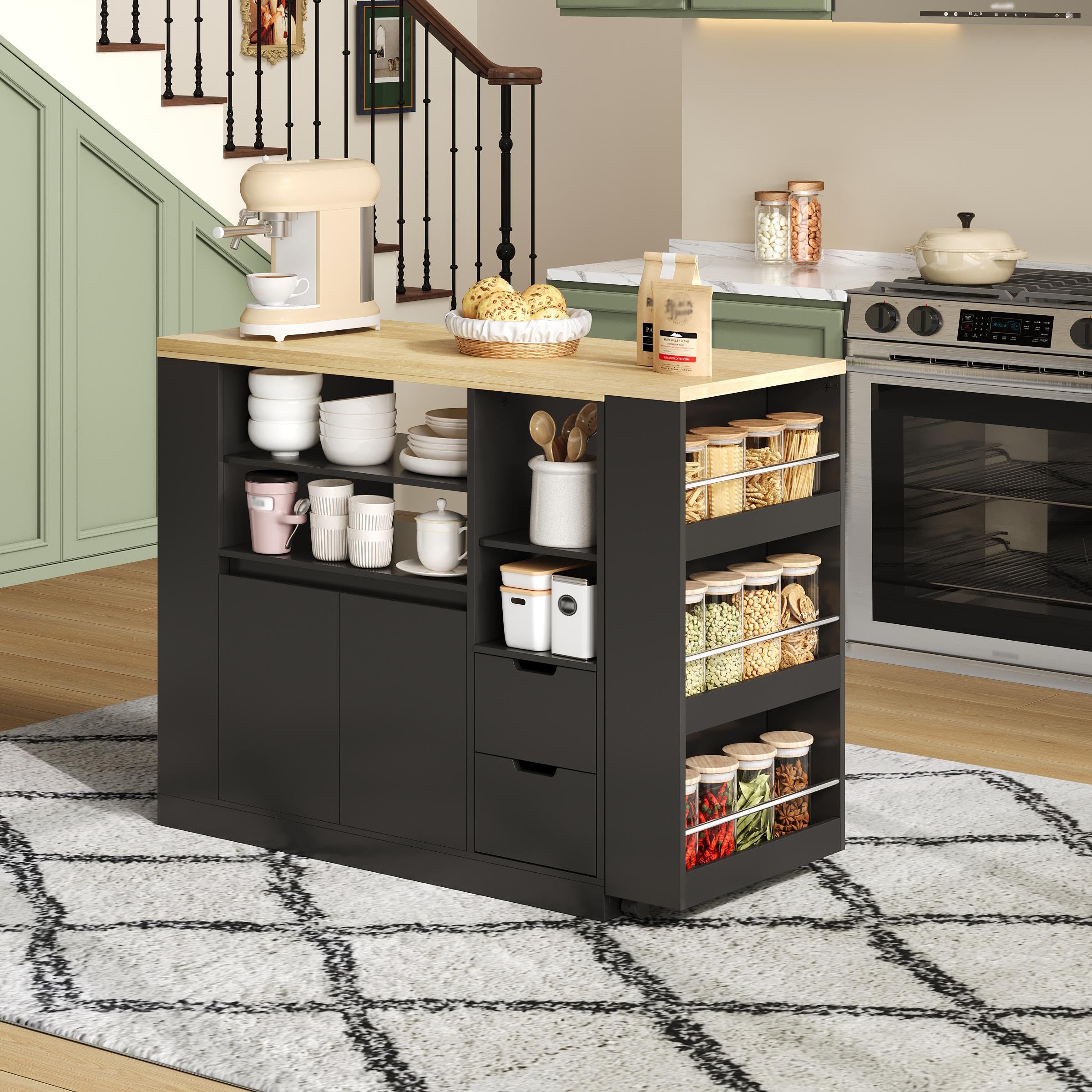 Isola da cucina con piano di lavoro allungabile, isola portaoggetti lunga 115 cm, con ripiani a tre lati e due cassetti, tavolo da pranzo allungabile in legno, per sala da pranzo e bar di casa, nero +