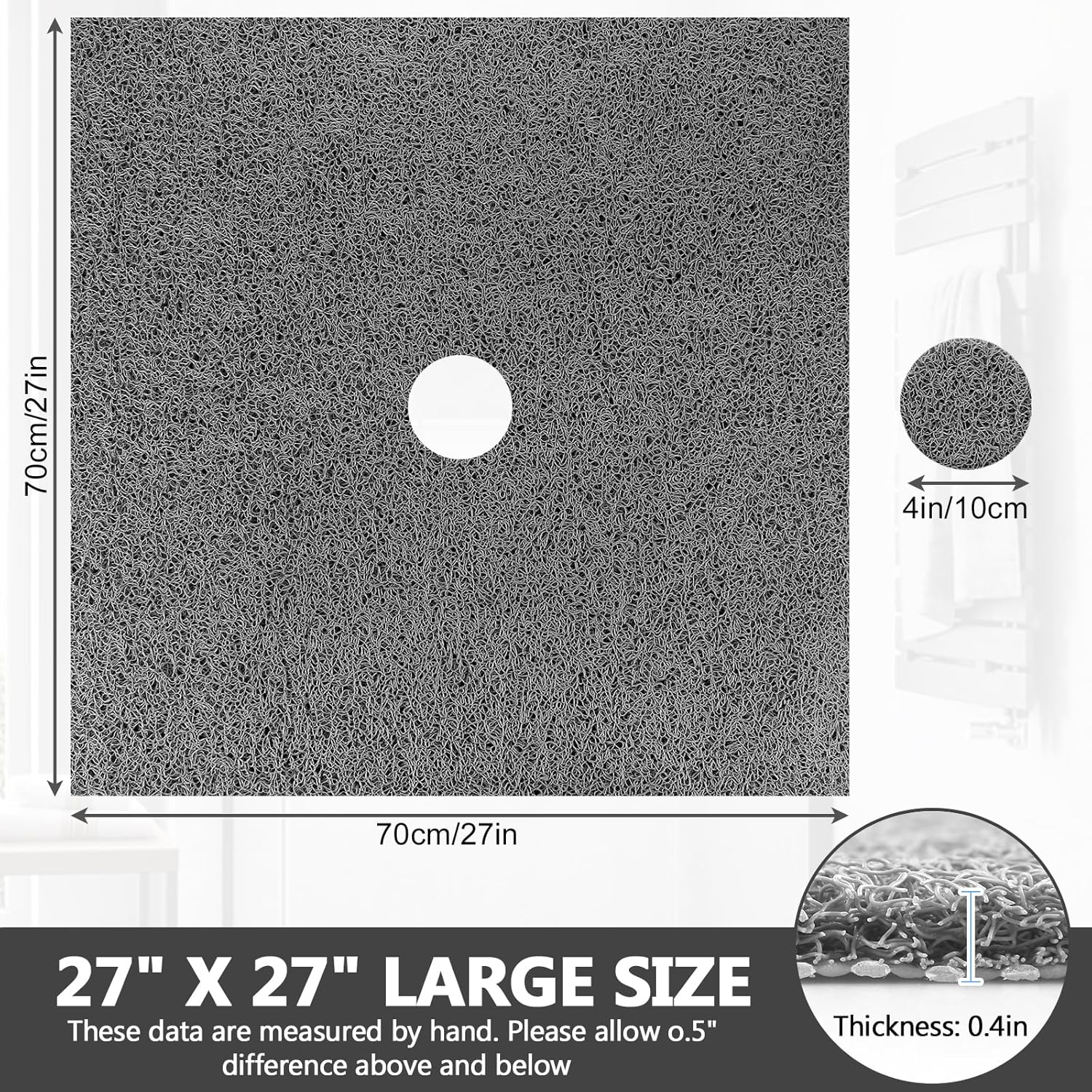 Square Shower Mat Non Slip: 36 x 36 Inch Extra Large Loofah Shower Mats for Inside Shower - Anti Slip Shower Stall Matt with Drain Hole in Middle