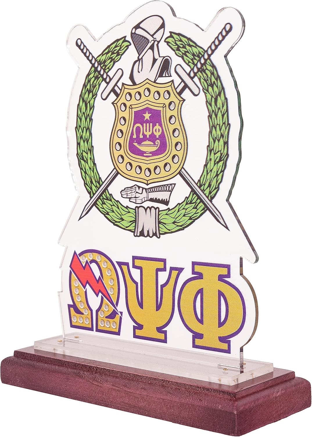 Desert Cactus Omega Psi Phi Acrylic Crest with Wooden Base for Desktop Wood Que Dogs Divine 9 D9 Decorative Wood