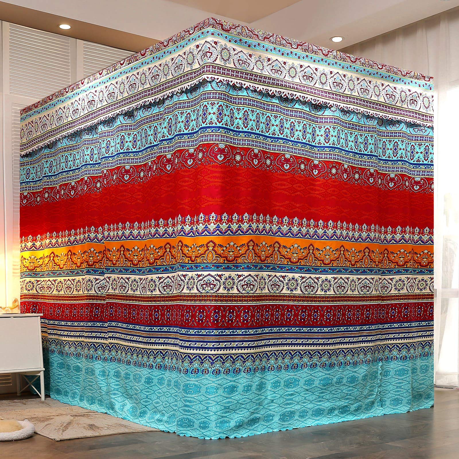 ZIQINPSQ Bed Canopy Canopy Bed Curtains, Bohemian 4 Corner Post Bed Curtains for Adults Girls Bedroom Decor (Double, Multicolor A) - Image 2