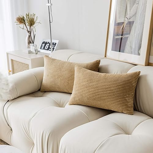 Miniatura 4 de Demetex Juego de 2 fundas de almohada de 12 x 20 pulgadas, fundas de almohada lumbares rectangulares de pana decorativa y sólida para sofá, silla de