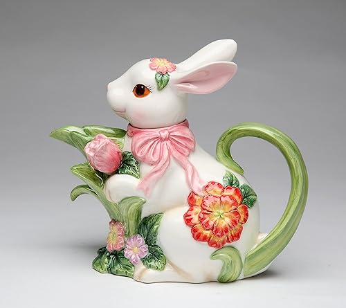 Cosmos Gifts 10445 Tetera de conejo primaveral de cerámica fina con tulipán rosa y flores, 7-5/8" L