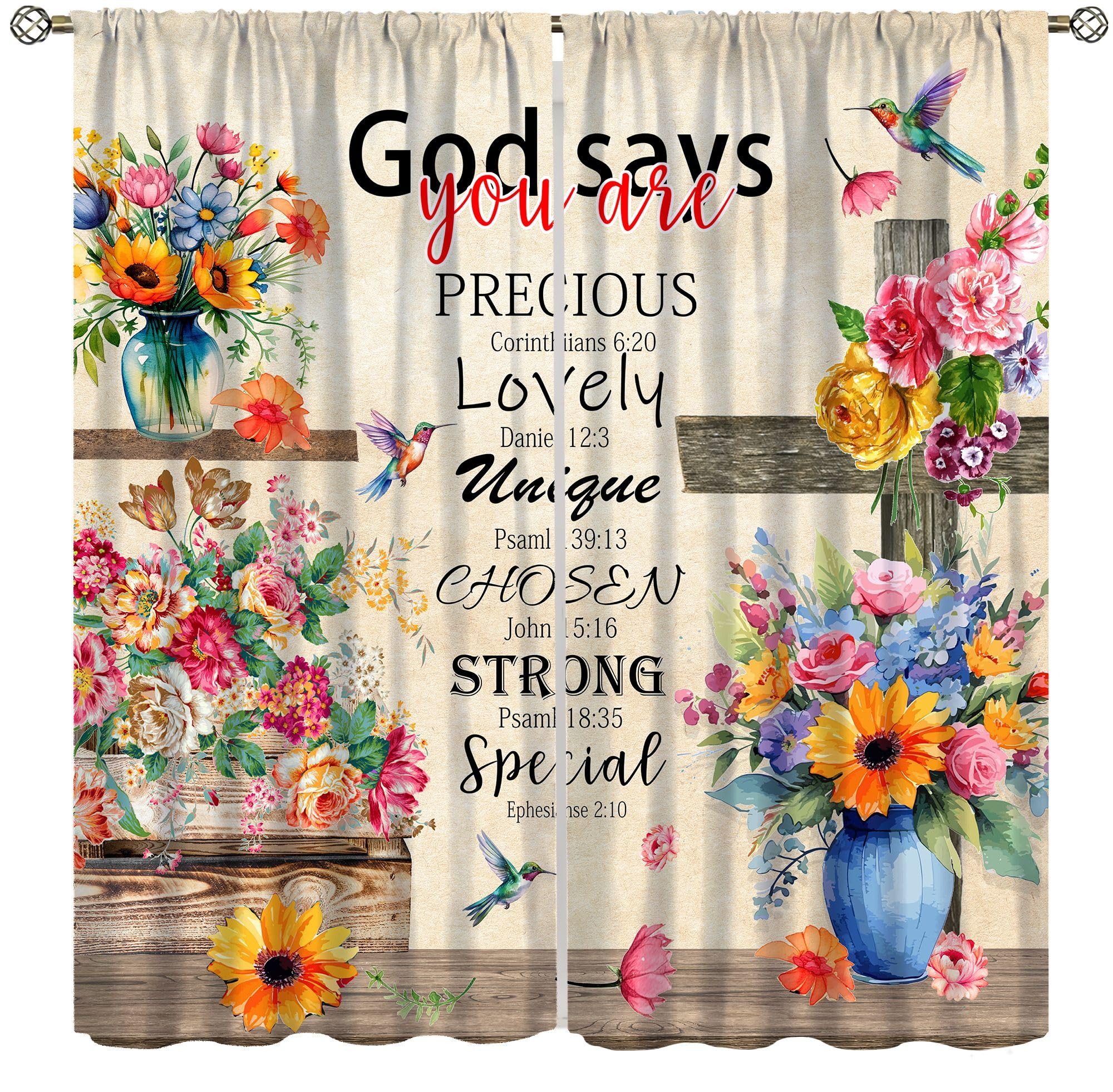 Birds Bible Verse Curtains for Kitchen,Christian Rustic Flower Cross Retro Scripture Quote Hummingbird Art Printed Fabric Window Drapes for Girls