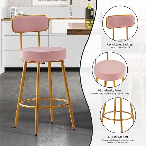 Miniatura 23 de Yaheetech Taburetes de bar de terciopelo de 26 pulgadas, altura de mostrador para encimera de cocina con respaldo y reposapiés, taburetes de bar