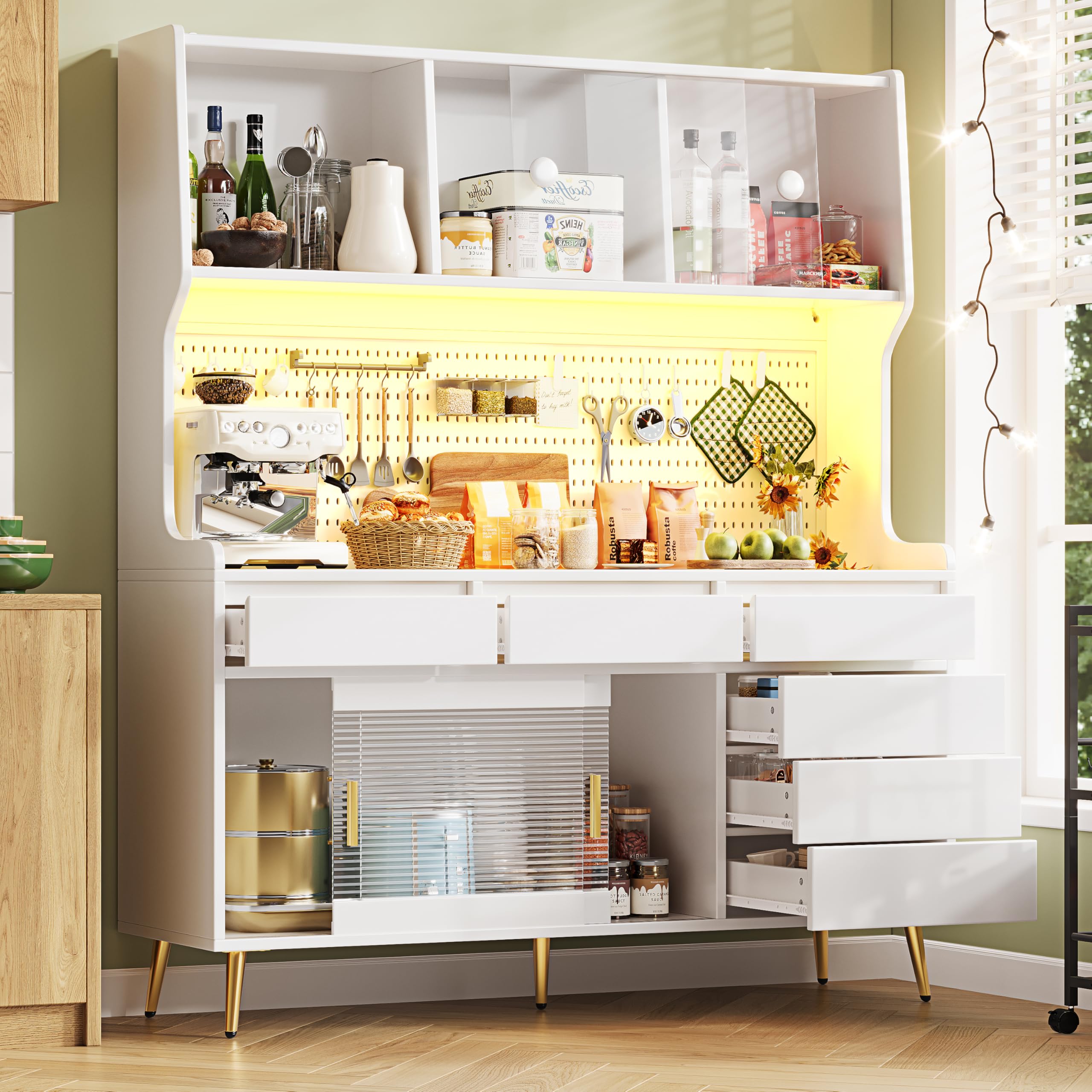 Mobile alto moderno, 145 x 39 x 171 cm, bianco, con armadio da cucina o armadio da sala da pranzo con cassetto, credenza con ripiano con parete forata