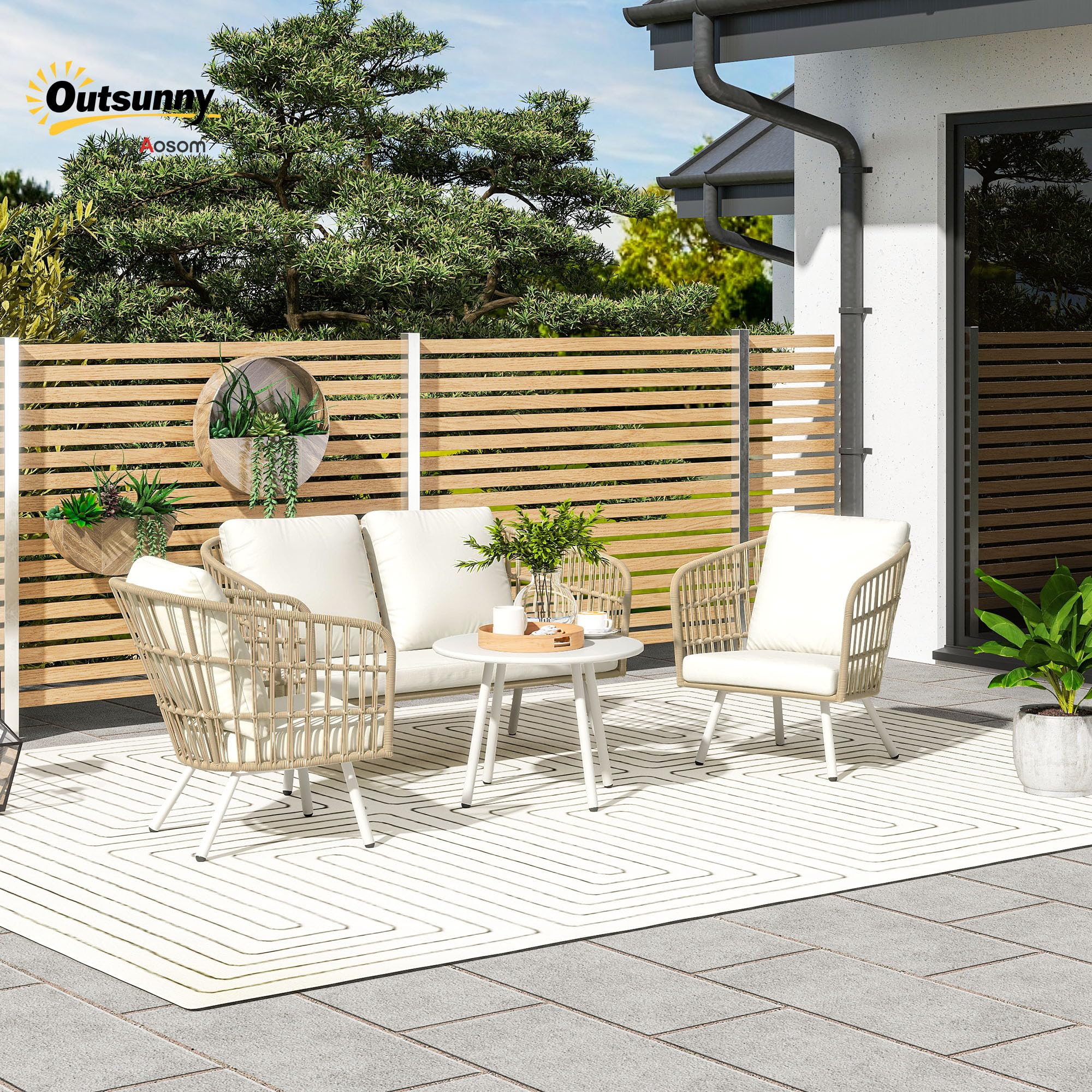 Outsunny Conjunto de Jardín Exterior de Ratán Sintético de 4 Piezas Muebles de Jardín Exterior con Sofá de 2 Plazas 2 Sillones 1 Mesa de Centro de Metal con Cojines Crema y Natural