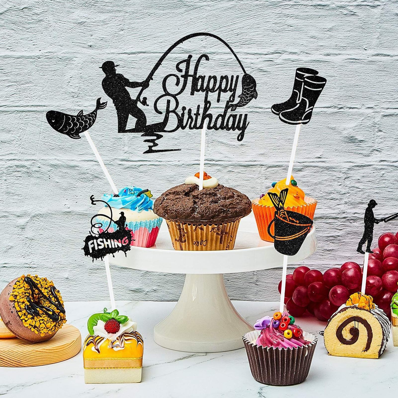 6 Stück Angler Cake Topper – Happy Birthday Deko Für Kuchen, Mit Fisch-Motiven, Aus Papier
